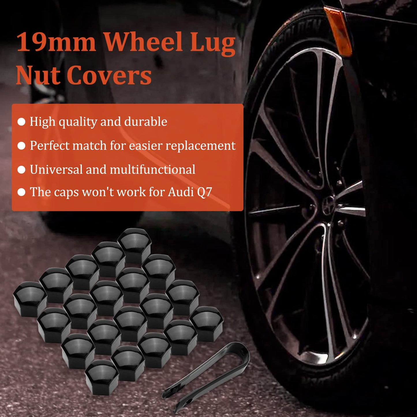 AOIT 20PCS Lug Nut Covers - 3/4'' Wheel Nut Bolt Cover Caps, 19mm Hexagonal Nut Covers with Removal Tool, Wheel Bolt Dust Caps Compatible with Au di, Auto Rims Nut Exterior Protection, Black