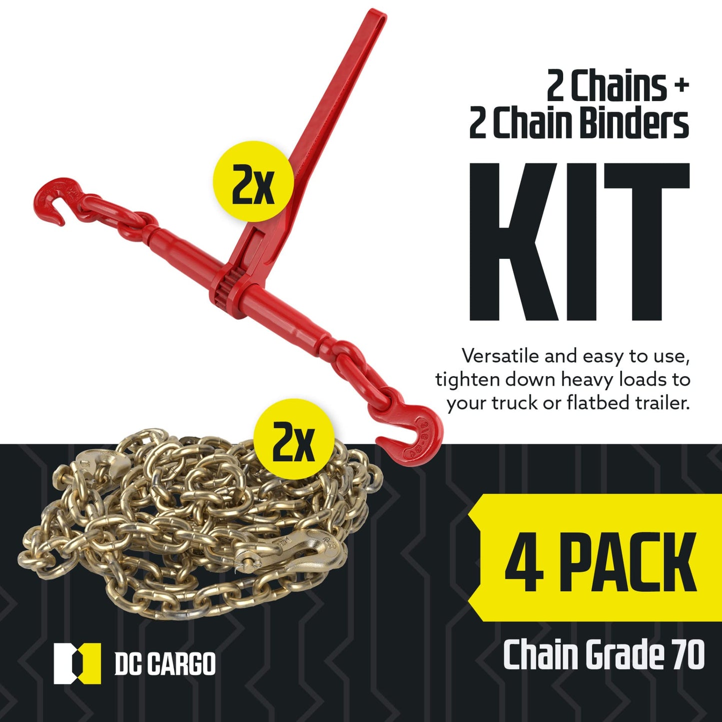 DC Cargo Chain Binder Kit | 3/8" Grade 70 Extra Long 20 Foot Chain - and Load Binder Set | Heavy Duty Ratcheting Chain and Binder | Load Chain and Binders – 6,600lb Working Load Limit As Set