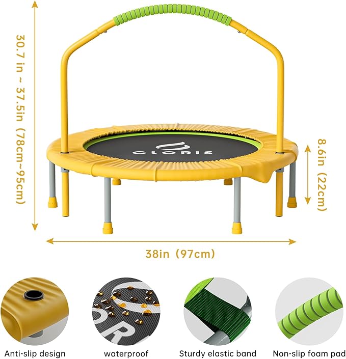 CLORIS 38in/48in Folding Trampoline - Max Load 220lbs / 450lbs Trampoline Rebounder Trampoline for Adults with Adjustable Foam Handle, with safty Padded Cover Best Gift