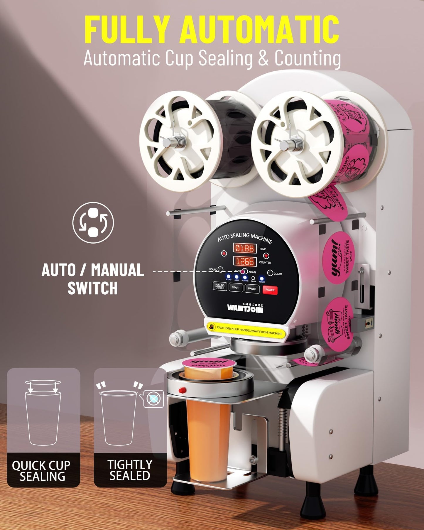 WantJoin Cup Sealing Machine - Full Automatic Cup Sealer Machine 89/90/95MM 3.50/3.54/3.74IN Electric White Cup Sealing Machine 500-600 Cups/h White
