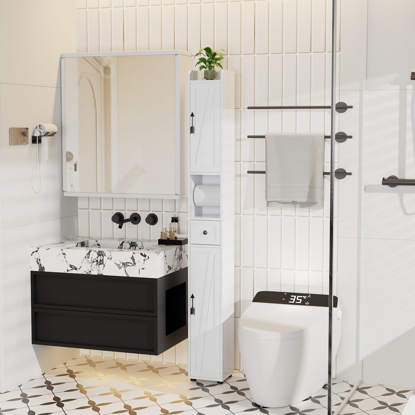 VECELO Narrow Bathroom Storage Cabinet, Tall Cabinet with Adjustable Shelves & Toilet Paper Holder & Drawer, Slim Freestanding Floor Cabinet with Magnetic Door for Small Spaces, White