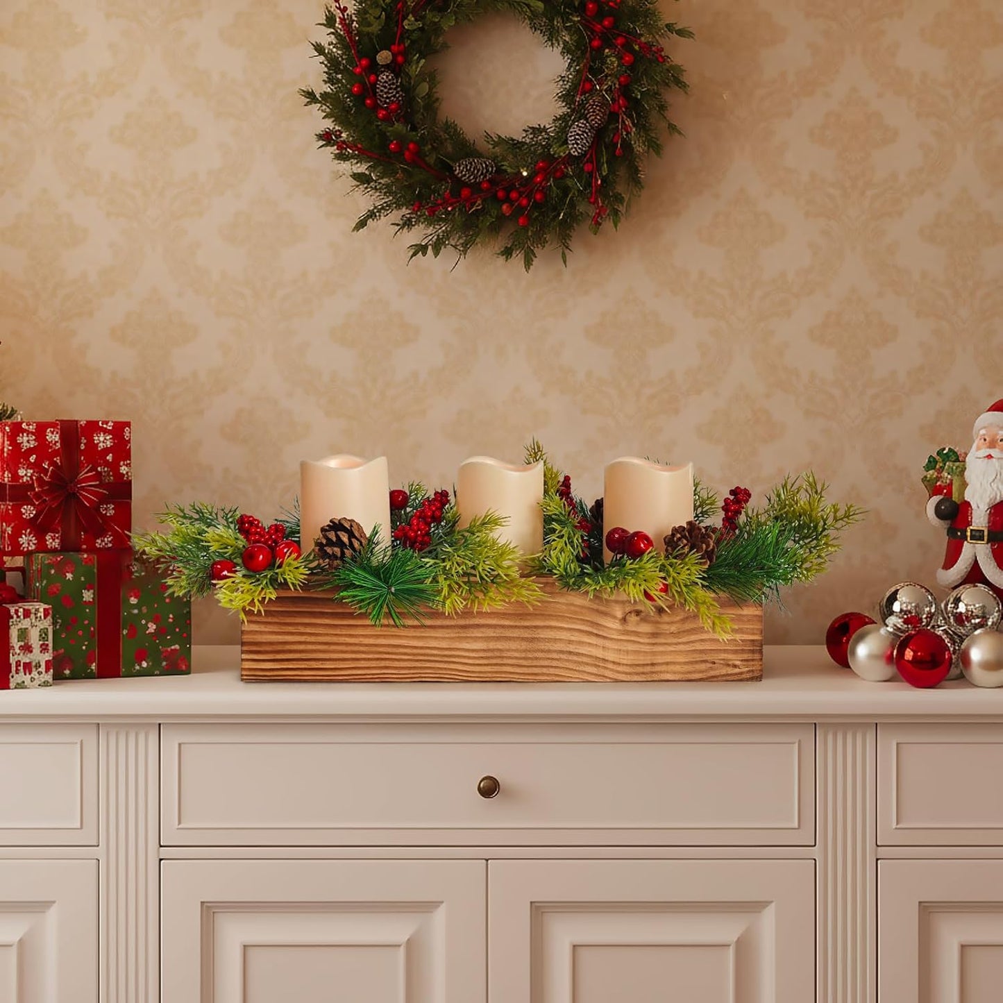 Regine Switzerland Christmas Table Centerpiece - 3 Flameless LED Candles with Pine Cones & Red Berries | Rustic Wood Holders for Holiday Dining & Xmas Party Decor