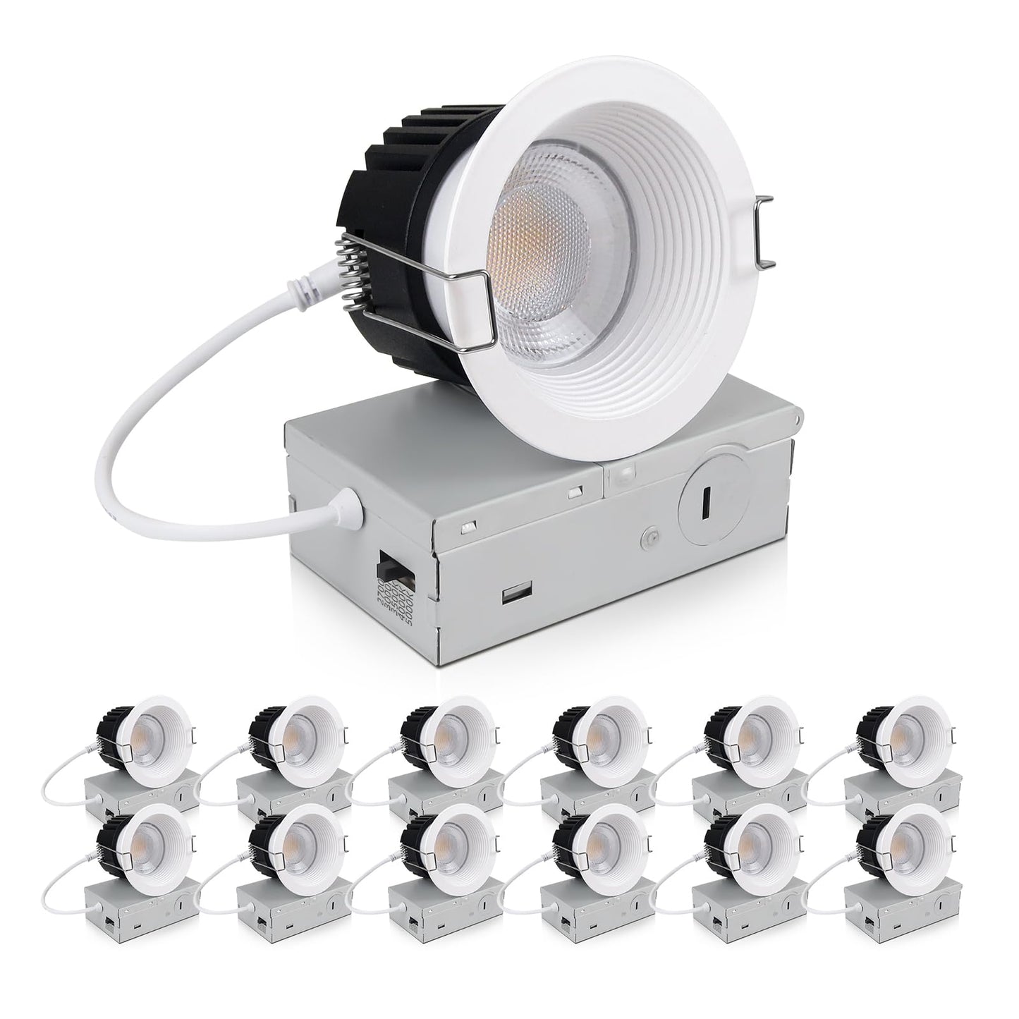 zouzai 3 Inch Anti-Glare LED Recessed Downlight with Junction Box, 5CCT Selectable 2700K/3000K/3500K/4000K/5000K, Dimmable, IP65 Waterproof for Shower, 12W COB, CRI90+, (White, 3 inch 【12 Pack】)