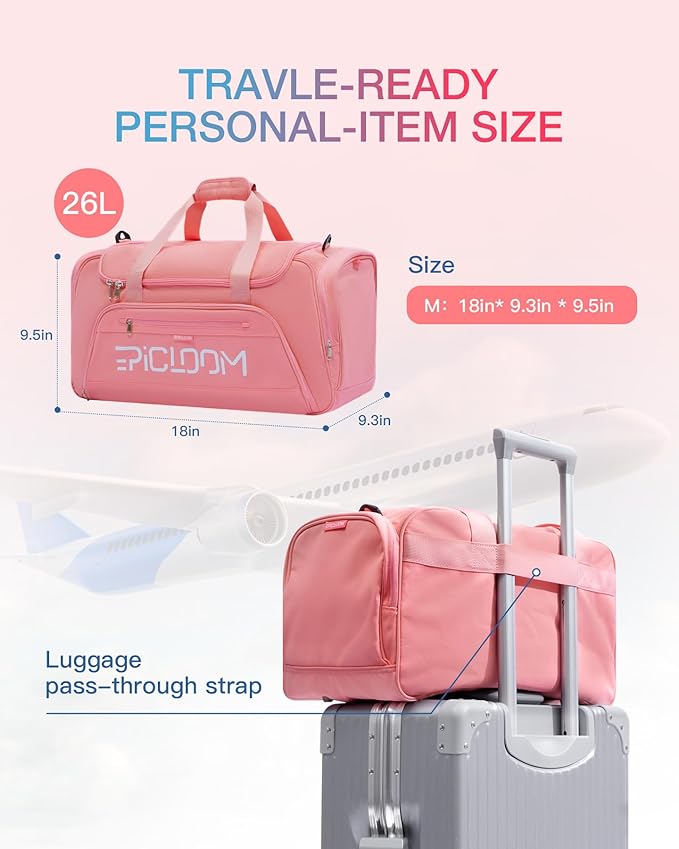 Gym Bag with Shoes Compartment, Travel Duffel with Wet Pocket for Men Women, Weekender Overnight Carry On Sports Duffle Pink 26L