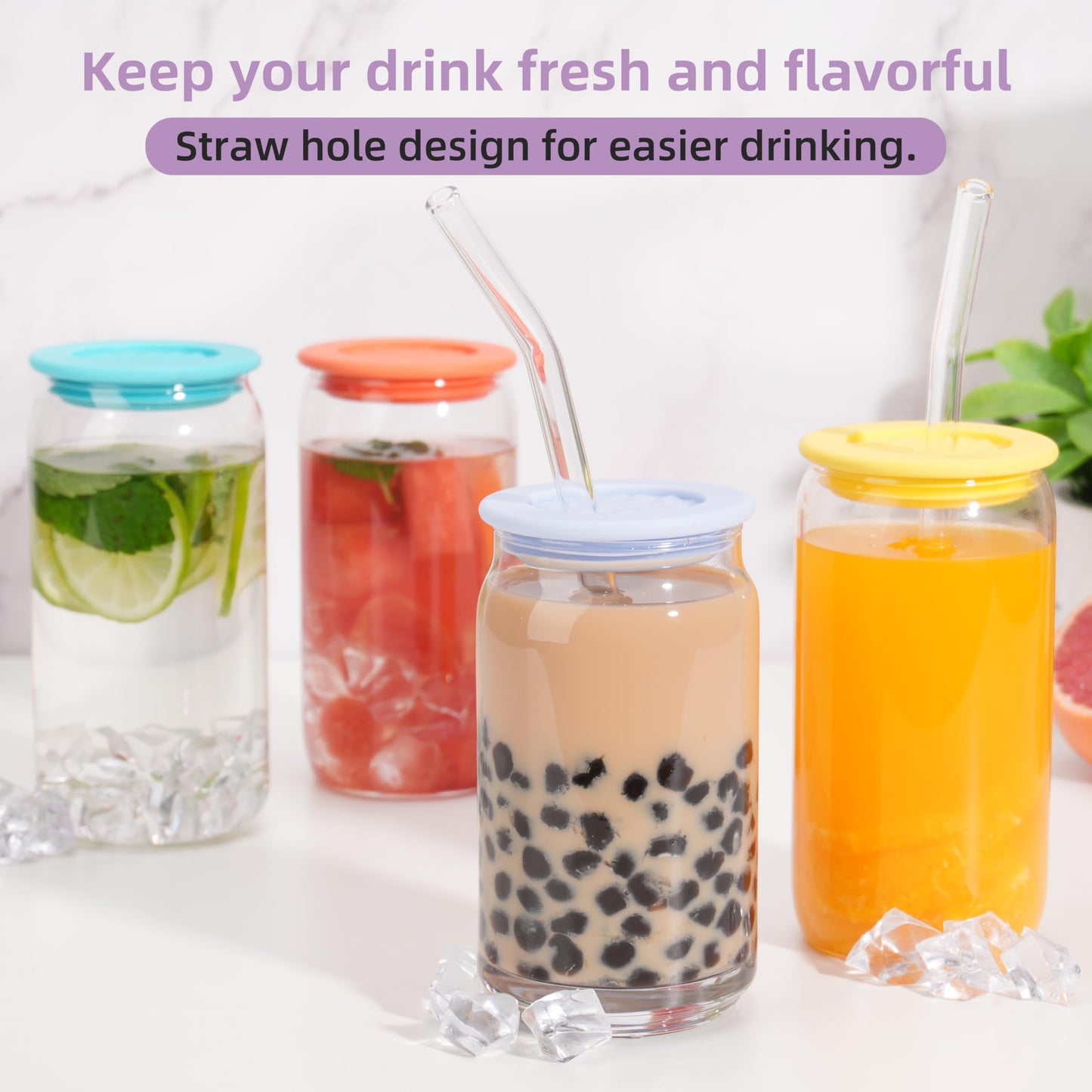 4 Pcs Silicone Lids Fit for Netany 16OZ Drinking Glass Cups with a diameter of 2.3"/58 mm, Replacement Lids for Beer Can Cups, Reusable Covers with Straw Hole for Glass Cups with Bamboo Lids