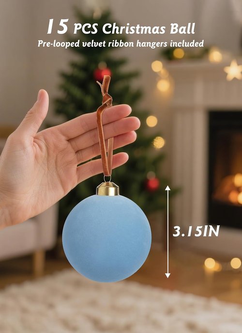 Brightown Light Blue Velvet Christmas Balls - 15 Pcs 3.15 Inch Ornaments for Tree Decor | Holiday Wedding Party