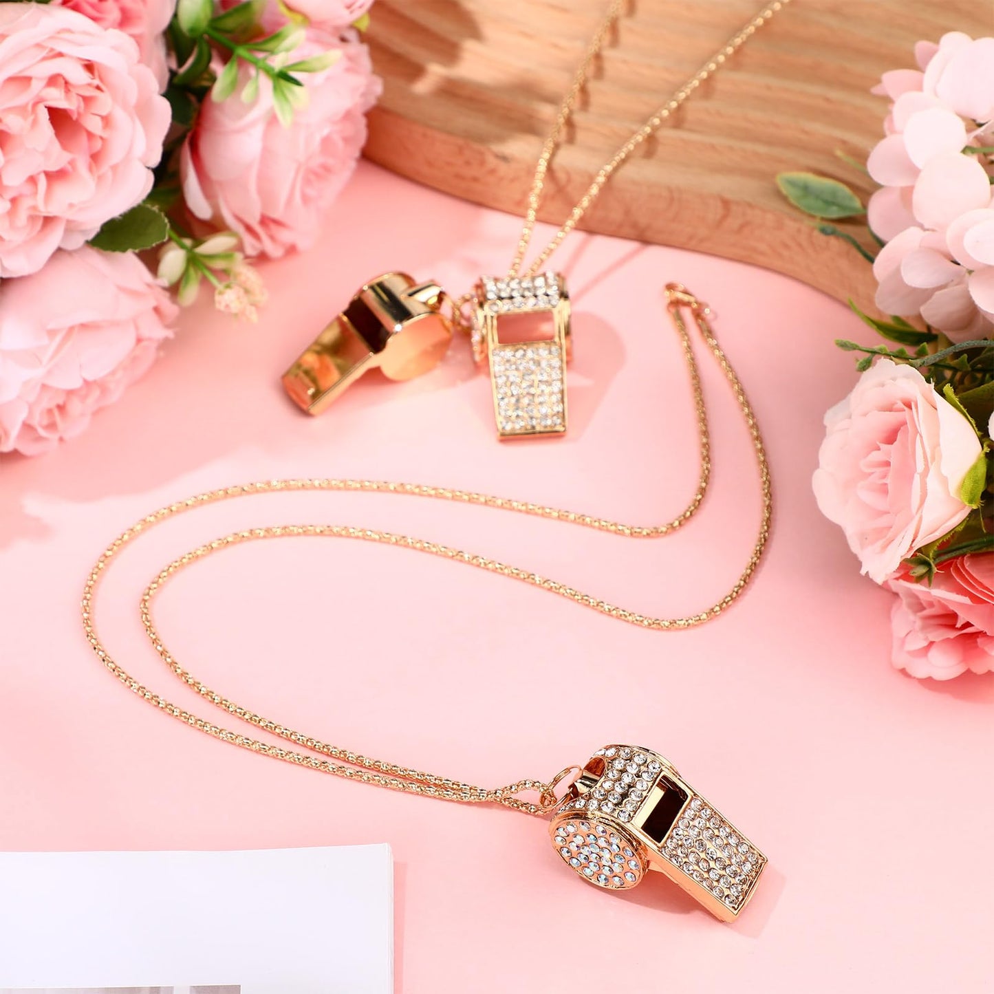 WinnerWhy 2 Pack Whistle Bling Metal Coach Teacher Whistle with Lanyard, Glitter Rhinestone Necklace Coach Accessories for Adult Referee Appreciation Gift Sport Training(Gold)