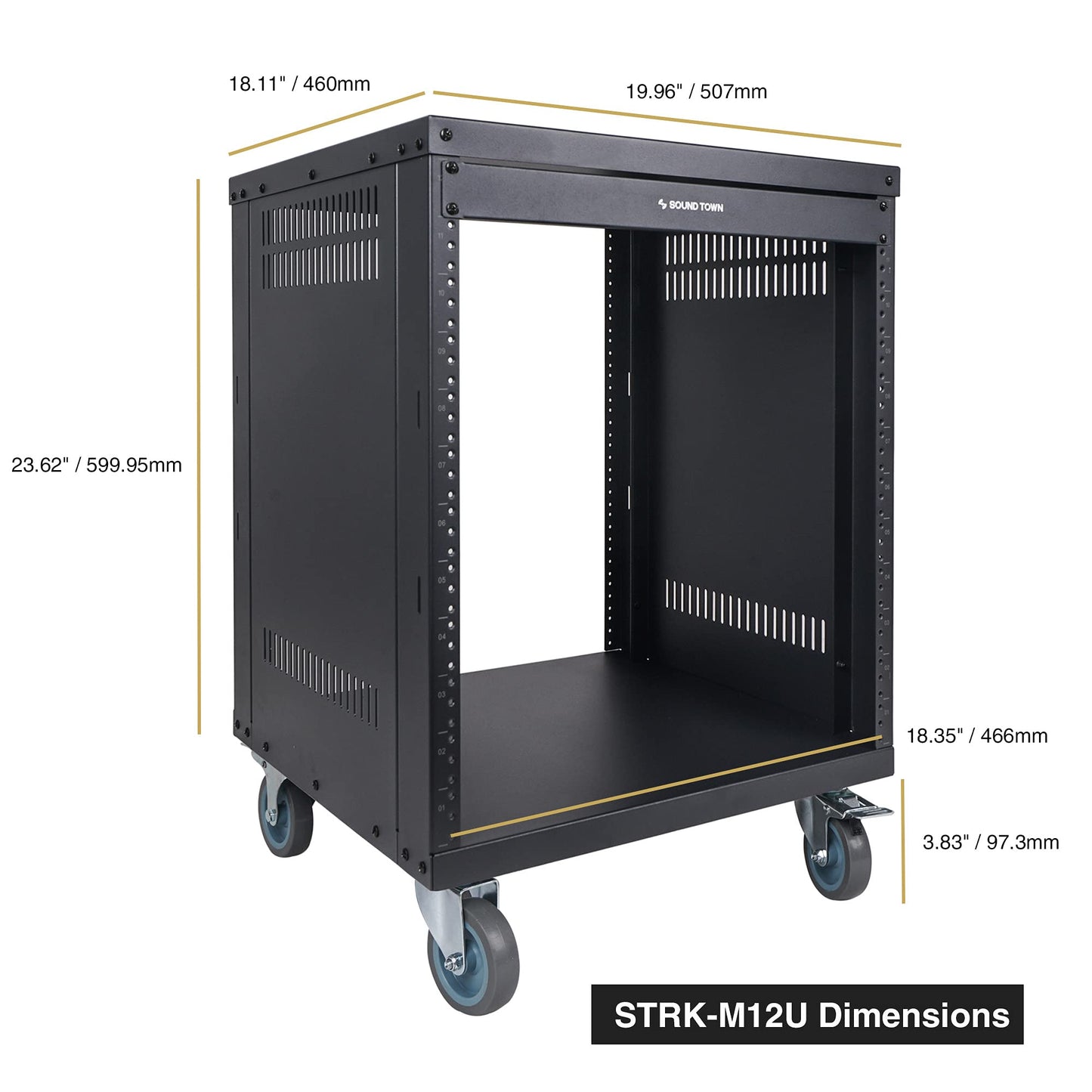 Sound Town 12U Universal Steel Rack, w/ 3" Locking Casters, Vented Side Panels for Audio Video, Server and Network Equipment (STRK-M12U)