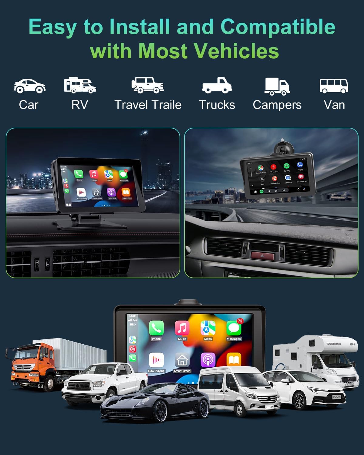 25HOURS 7" 1080P Apple Carplay Screen for Car, HD Portable Wireless Apple Carplay & Android Auto Touchscreen