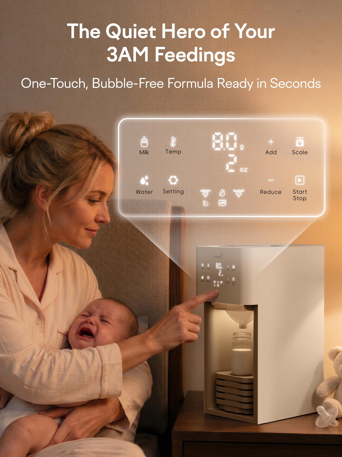 GROWNSY Baby Formula Maker, Ultra-Precise Automatic Formula Dispenser, Formula Mixer with One-Touch Instant Bottle Prep, 304 Stainless Steel Tank, Fits Most Baby Bottles, White