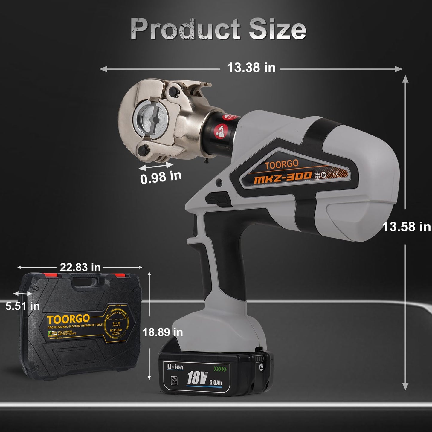 TOORGO Electric Cable Lug Crimper, Battery Powered Hydraulic Crimping Tool with 12 Dies, 6 Ton 8 AWG to 600 MCM Electric Wire Plier, Grey