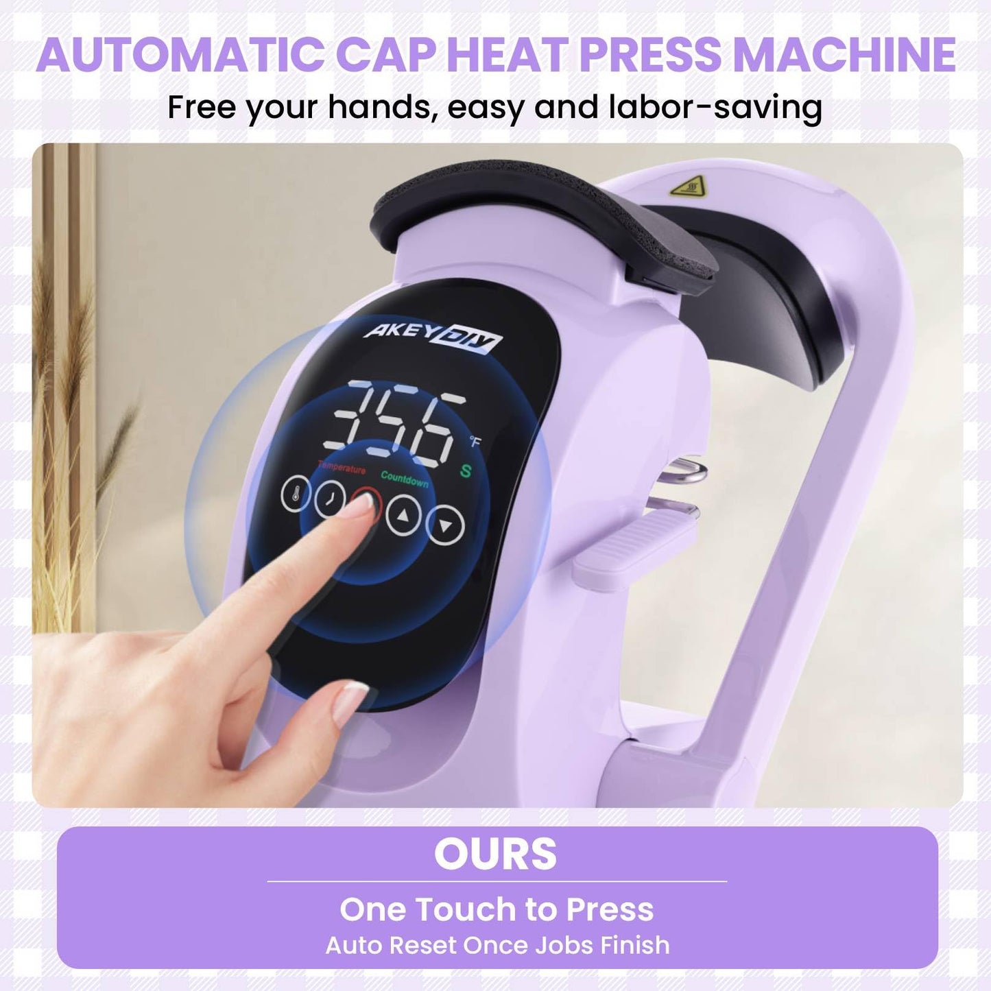 AKEYDIY 3-in-1 Auto Hat Heat Press Machine for Caps, with 3pcs Interchangeable Platens, Automatic Open & Release, Touchscreen for Precise Time & Temp Control, Heat Transfer Printing for Caps, Purple