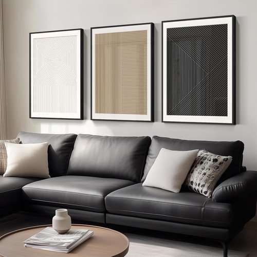 Framed Modern Black and White Abstract Wall Art | Set of 3 Minimalist Canvas Prints 24x36 Inch
