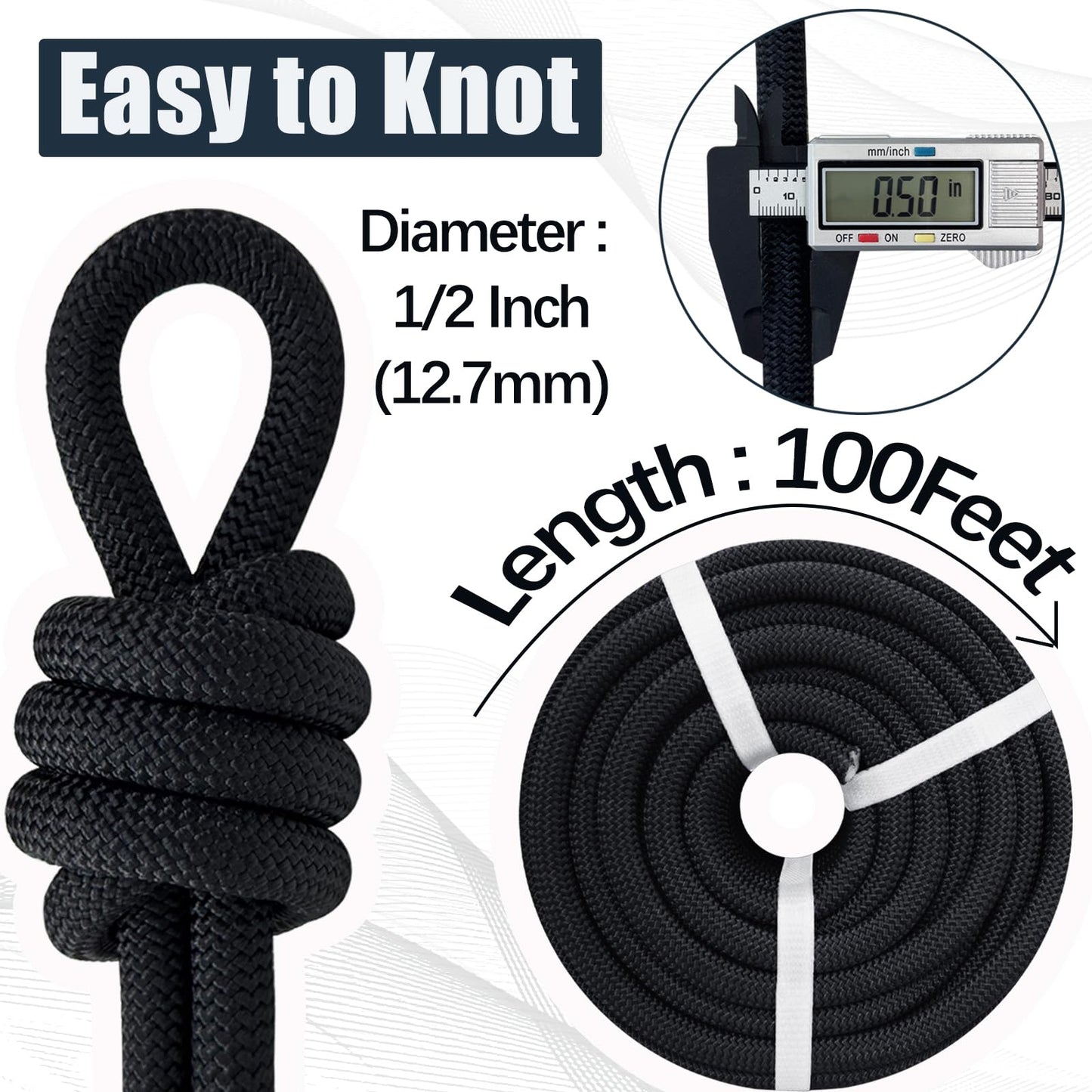1/2 Inch Arborist Tree Pulling Rope - 100 Feet Tree Swing Rope for Rigging, Outdoor Use - High Strength Double Braided Polyester 48 Strands - Black