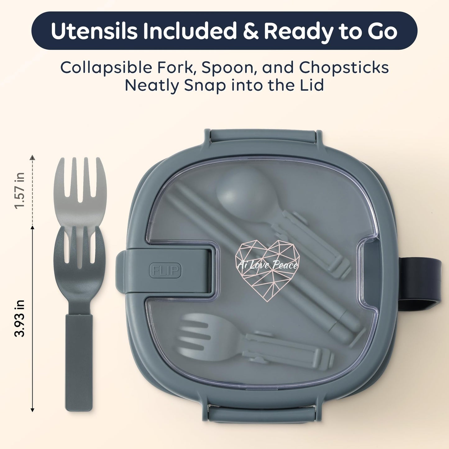 AI LOVE PEACE Microwavable Ramen Bowl Cooker with Lid - Leakproof Noodle Container with Built-In Utensils, BPA-Free, Dishwasher & Freezer Safe [Navy]