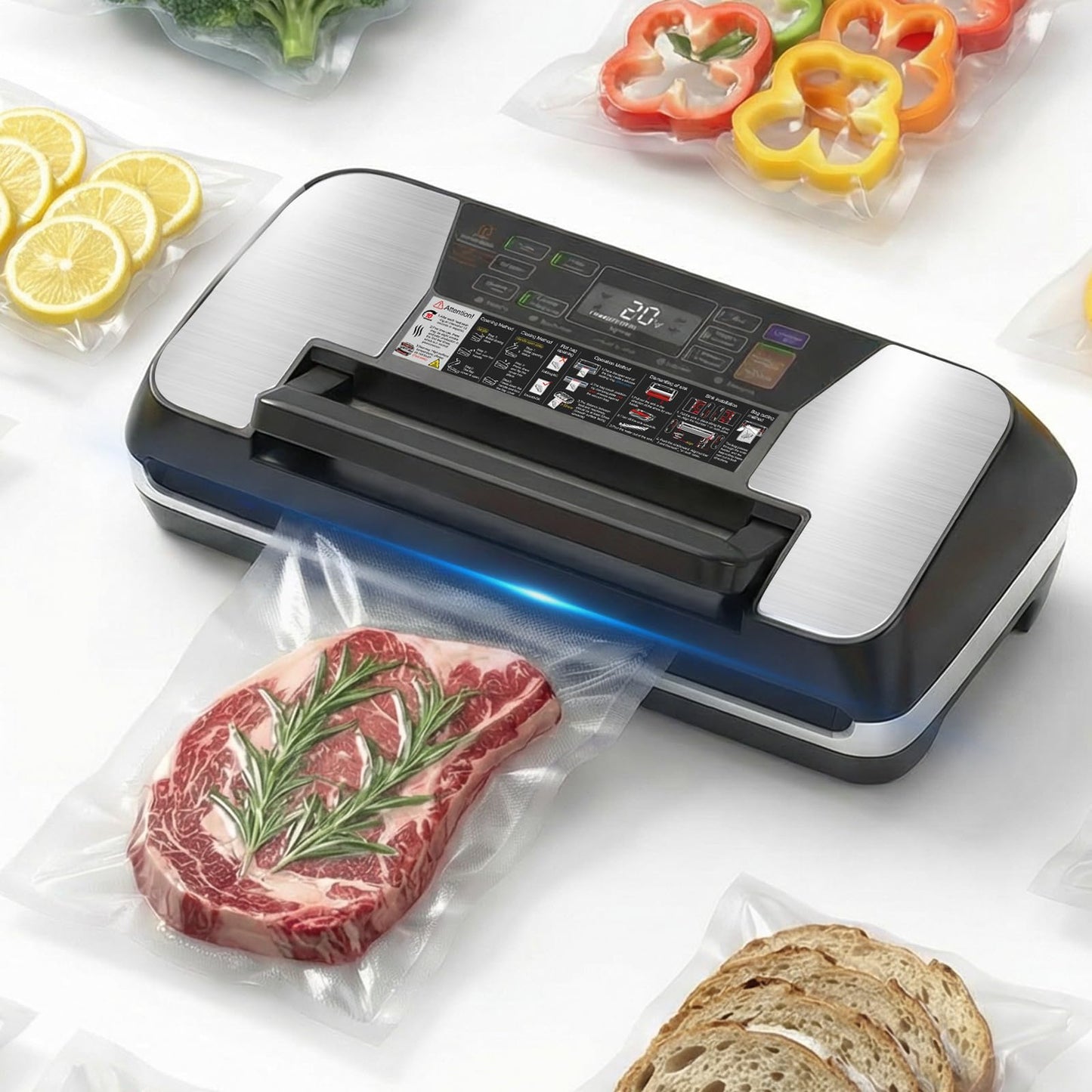 95KPa Food Vacuum Sealer Machine, 230W Vacuum Pack Machine 12-in-1 Automatic Powerful Food Preservation System with Double Heat Seal, Includes Built-in Cutter, Storage, 1 Roll & 10 Bags Black-silver
