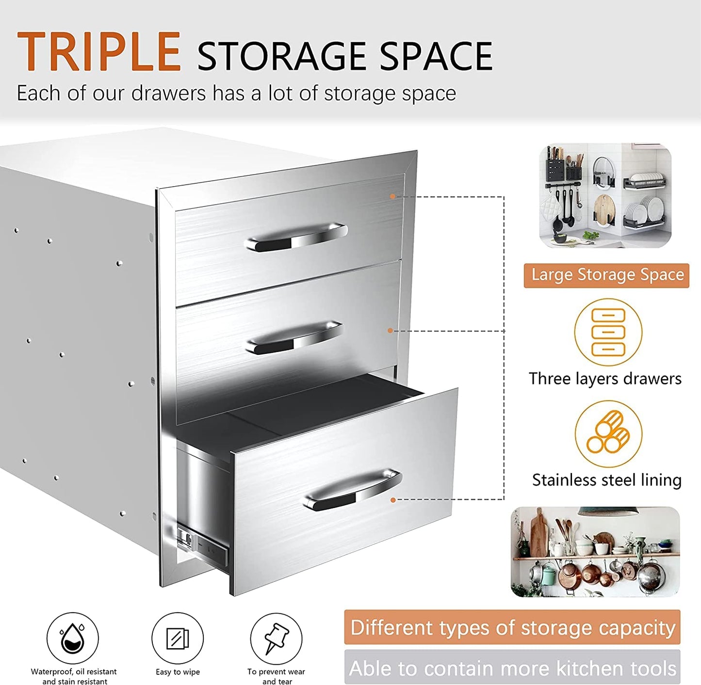 KODOM Outdoor Kitchen Drawers 14W x 21H x 23D Inch, Flush Mount Access BBQ Island Drawers for Outdoor Kitchens or Patio Grill Station