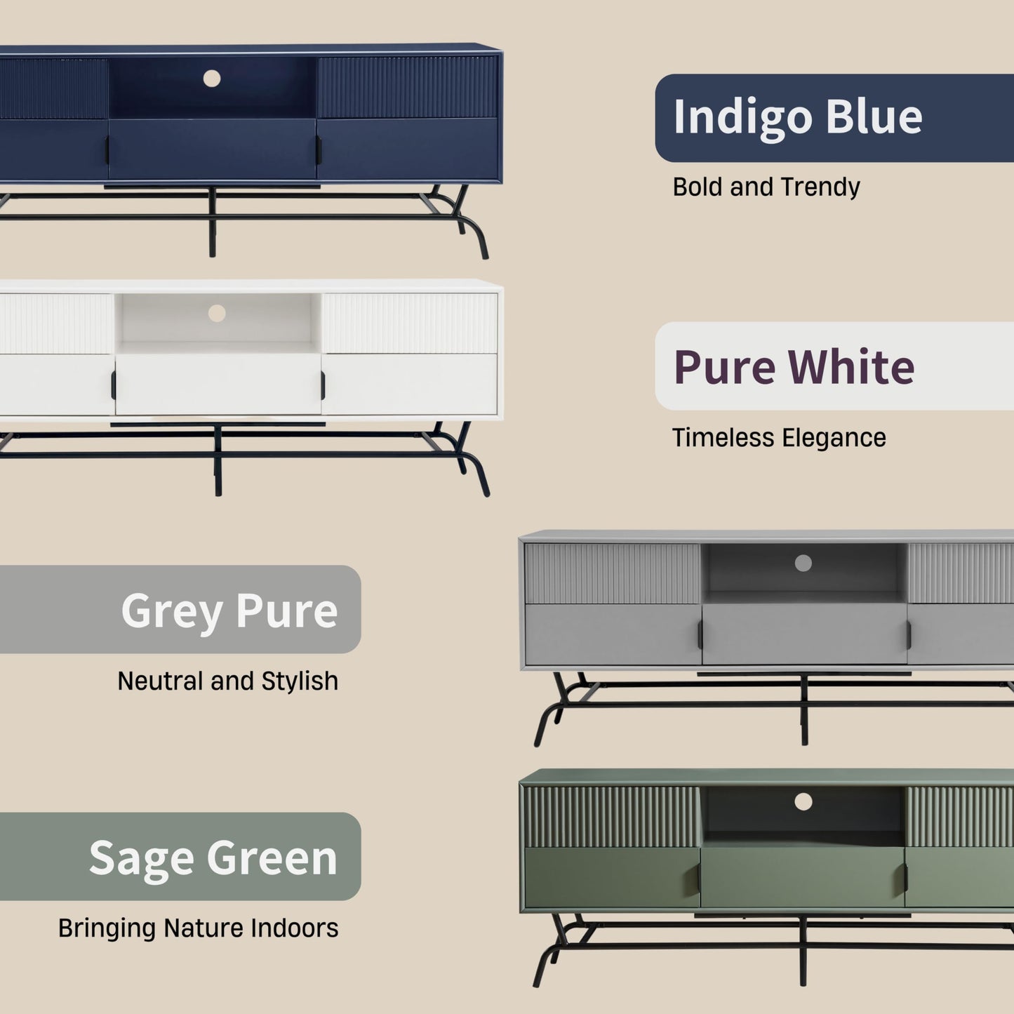 24/7 Shop at Home Quin Modern TV Stand with Storage Drawers, Media Console Cabinet, Entertainment Center for 65 inch Television, Unique Living Room Furniture, Sage Green