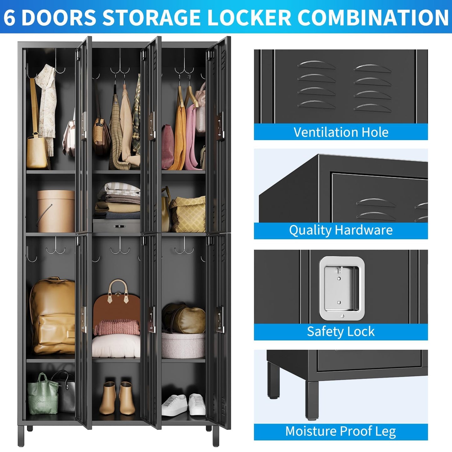 GarveeHome Metal Storage Locker with 6 Doors, Metal Locker for Employees with 18 Hooks for Garage School Office Gym Home, Assembly Required, Black