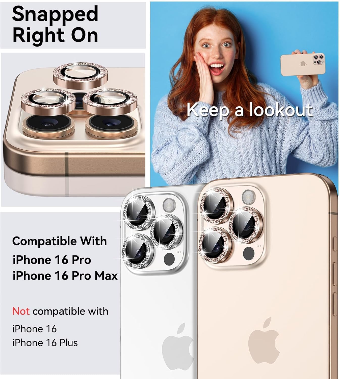 16 16 Matekxy for iPhone Pro/iPhone Pro Max Camera Lens Protector Glitter, Anti-Scratch Bling Ring Cover, Cute Girly