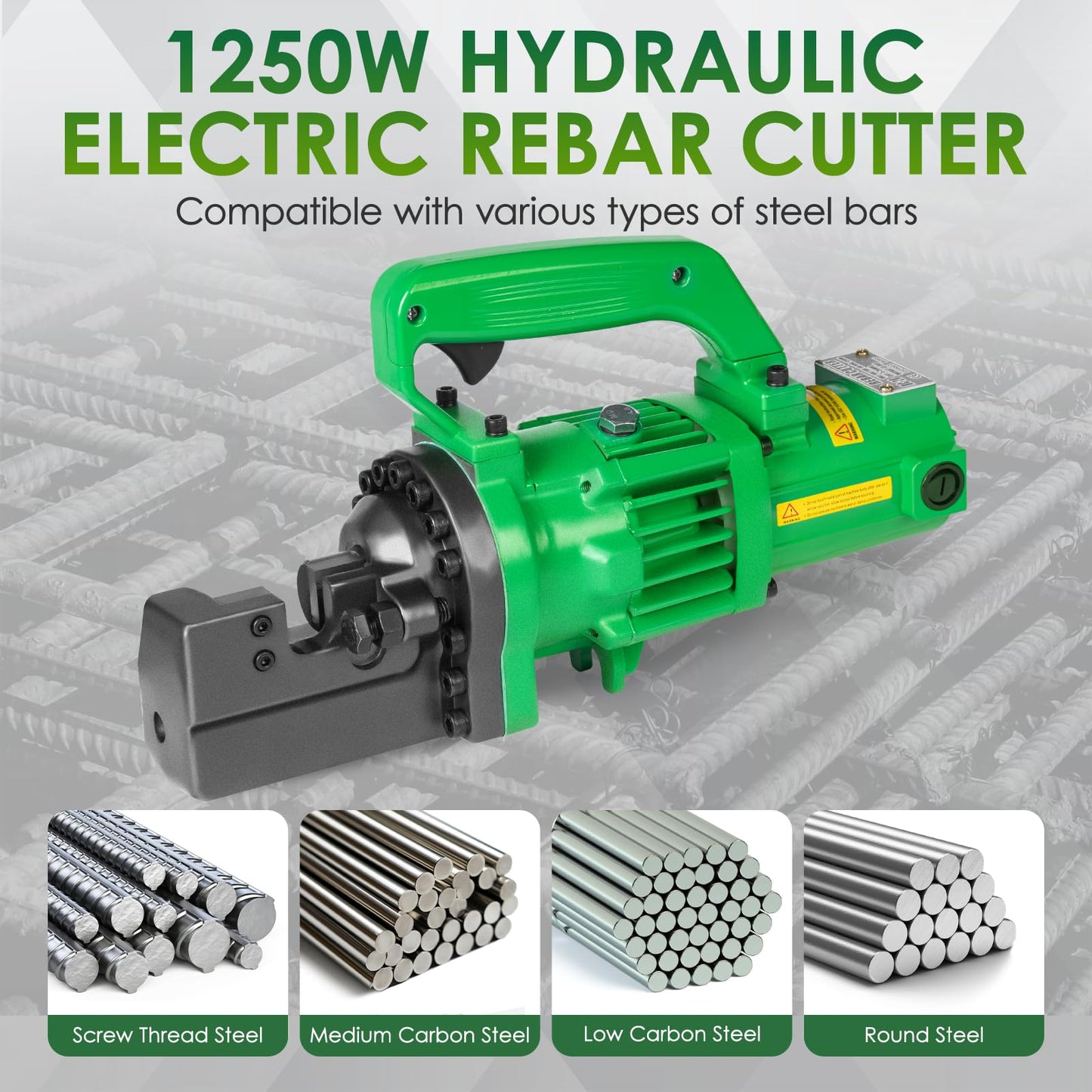 YIXBIZHU 1250W Electric Hydraulic Rebar Cutter 2‑Second Cuts of #3‑#6 (4‑20 mm) Steel Bar, One‑Button 110V Portable Cut‑Off Tool with Adjustable Bolt Jaw for Construction & Metal Fabrication(RC-22)