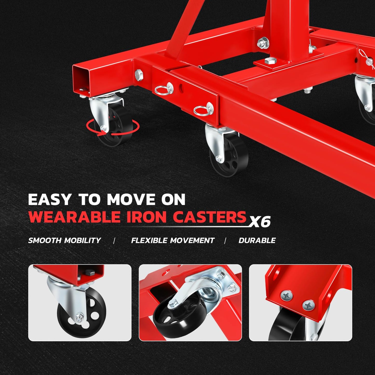 DNA Motoring Foldable 360 Degree Rotating Head Engine Motor Stand 2000Lb Capacity with 6-Casters, 4 Adjustable Arms, Red, TOOLS-00325