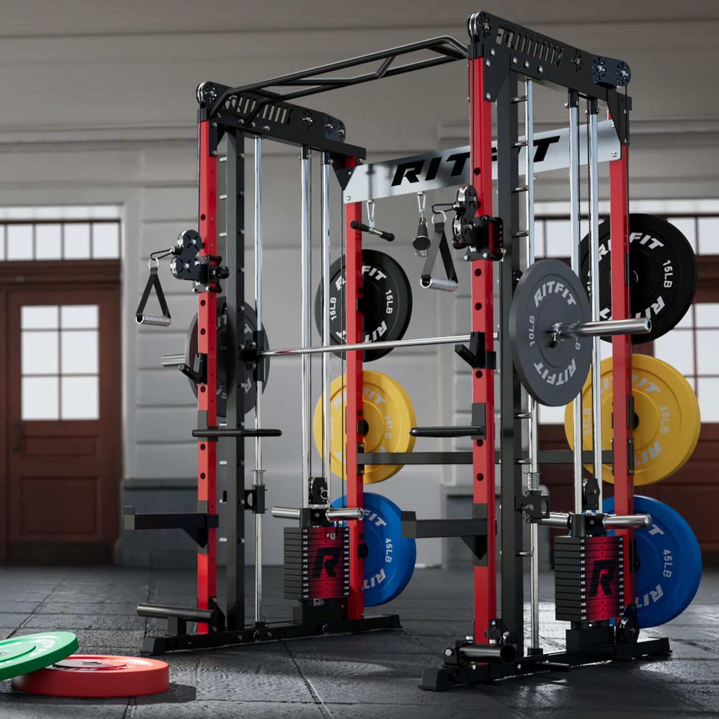 RitFit M1 Pro Smith Machine with LAM1 Adjustable Lever Arm Attachment, All-in-One Power Cage, Power Rack with LAT Pulldown & Cable Crossover System for Home Gym(Red with Weight Stack,CP230)