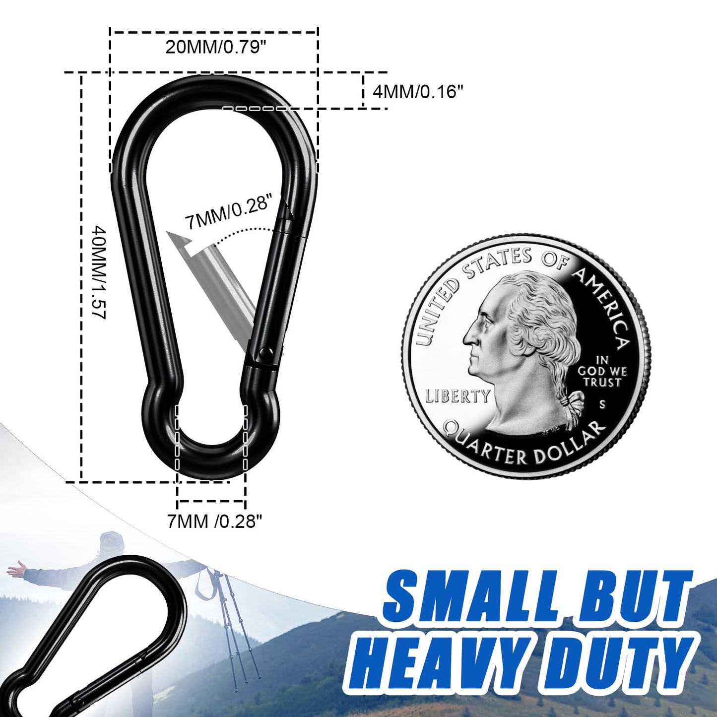 Small Carabiner Clip Hook, 1.57 inch 10 pcs Black Heavy Duty Spring Snap Hook Key Chain, Carabiners Clips for Outdoor Camping, Swing Set, Hammock, Hiking Travel, Fishing, Quick Link Keychain