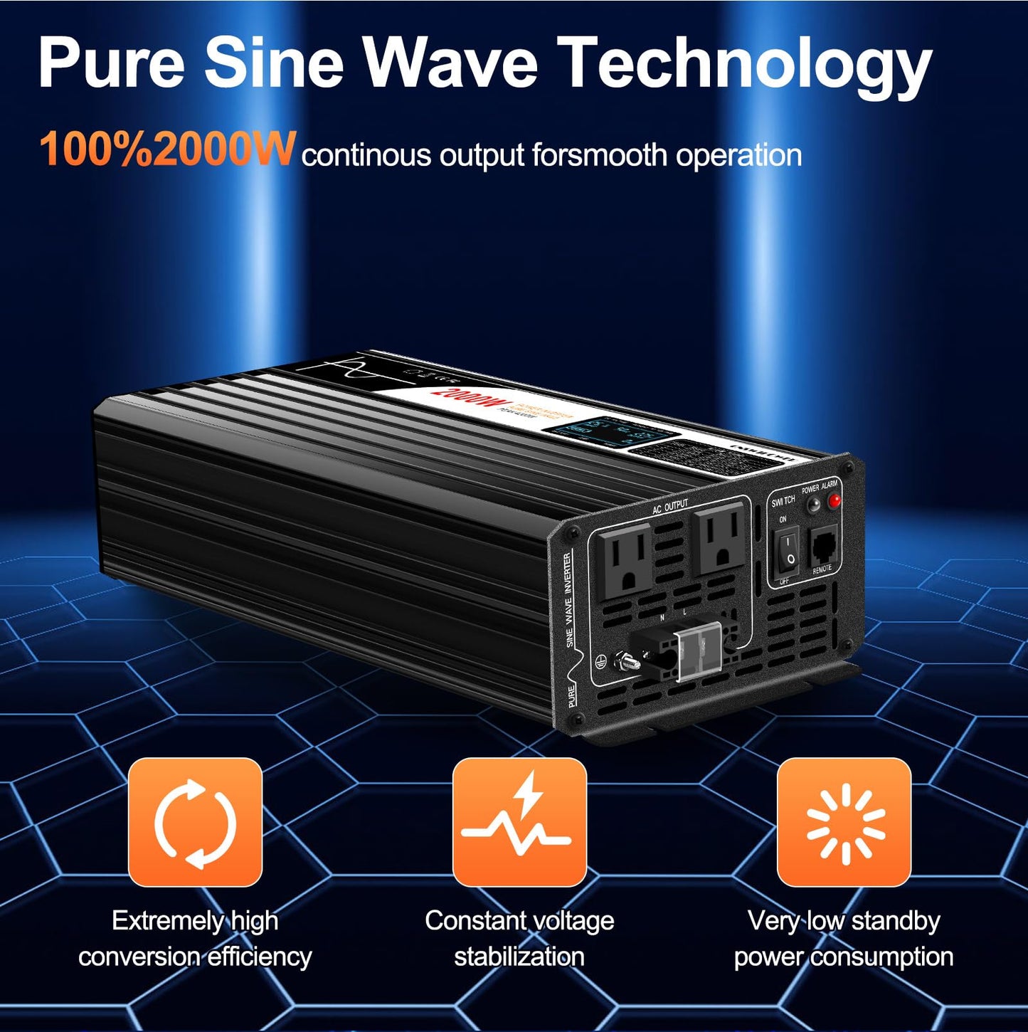 2000W (Peak Power 4000W) DC 12v to 120V AC 60HZ Pure sine Wave Solar Inverter for Home RV &Camping (DC12V (Range 10V-15V)