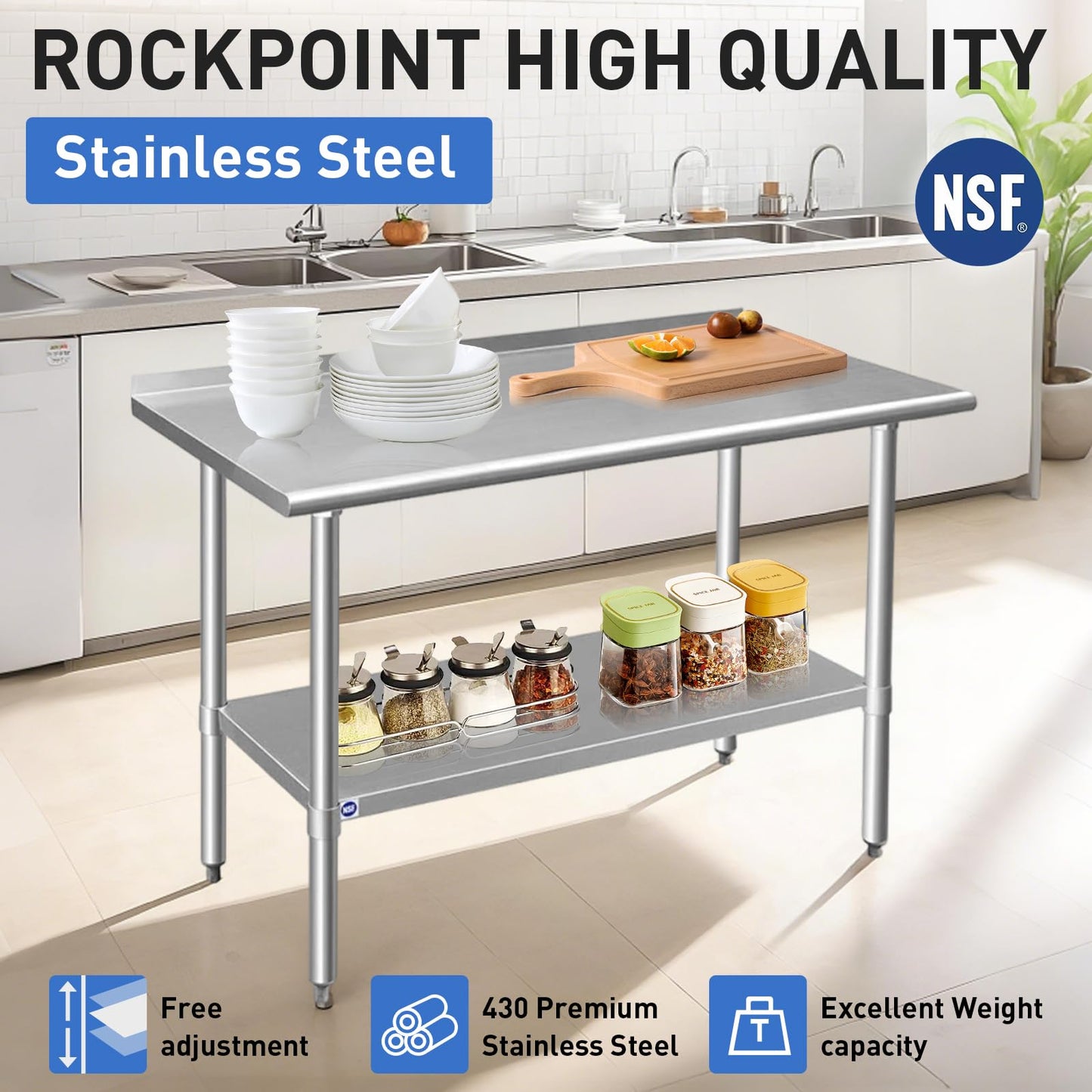 ROCKPOINT Stainless Steel Table for Prep & Work with Backsplash 24x60 Inches, NSF Metal Commercial Kitchen Heavy Duty Table with Adjustable Under Shelf and Table Foot for Restaurant, Home and Hotel