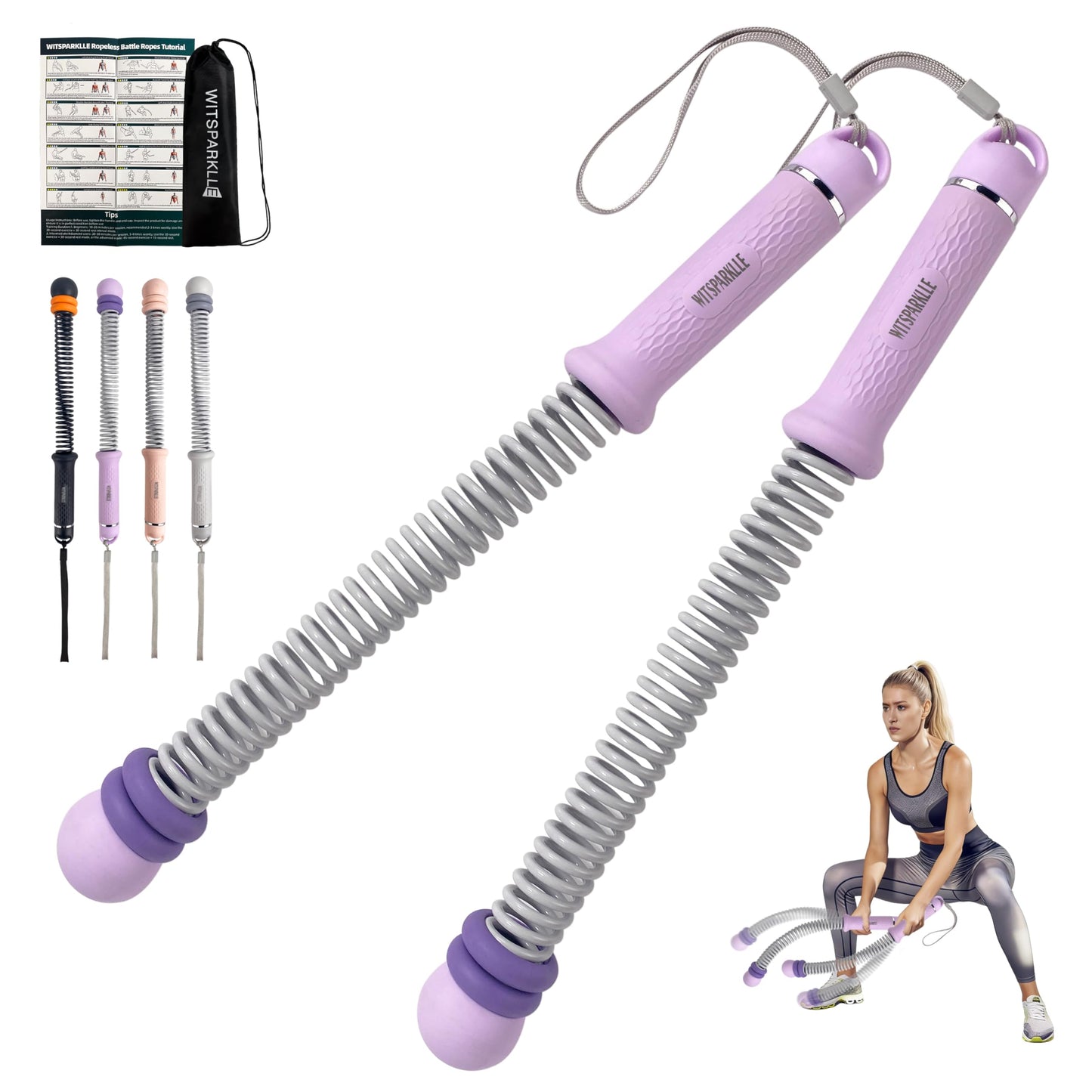 WITSPARKLLE Ropeless Battle Ropes, Adjustable Cordless Battle Ropes with Resistance Springs, Weighted Portable Workout Rope for Home Gym, Low-Impact HIIT Training Equipment for Men & Women (Purple)
