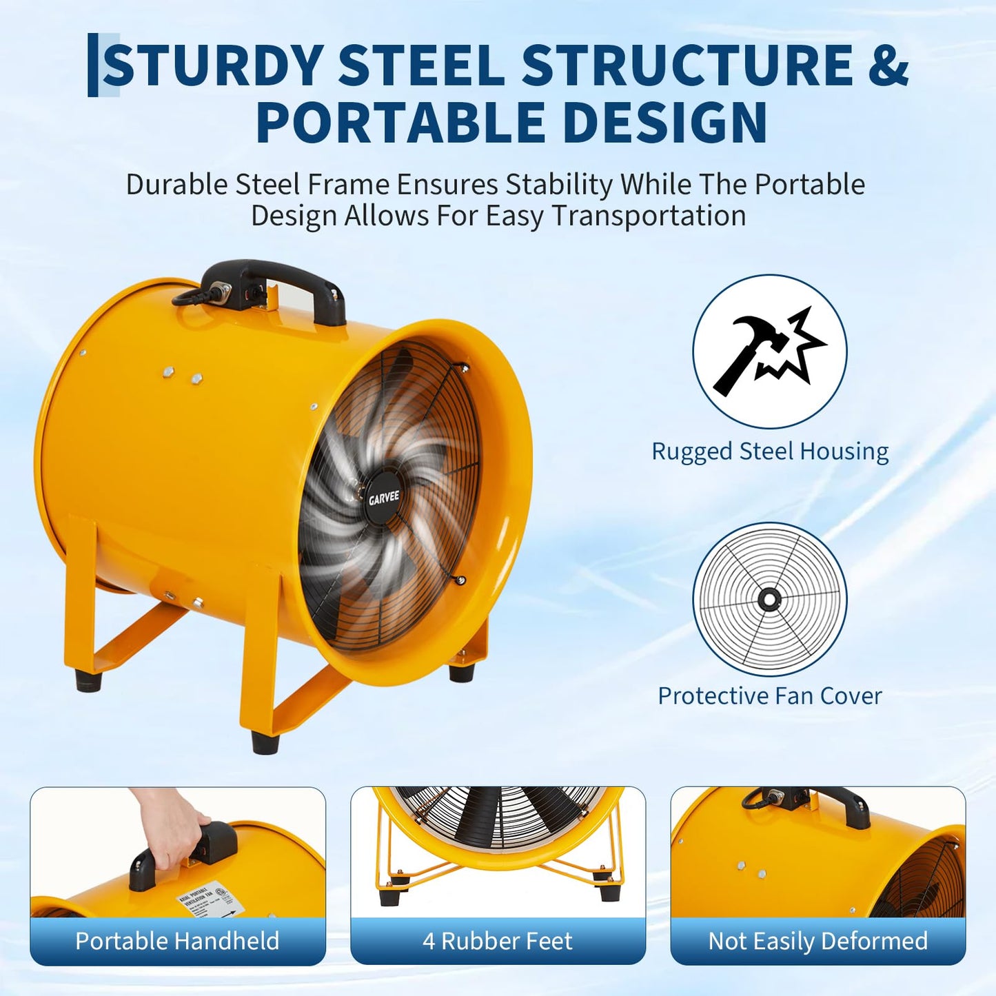 GarveeTech 12 Inch Heavy Duty Utility Blower Fan, 3500 CFM Industrial Air Mover High Velocity, with 32.8ft Flexible Duct, Portable Industrial Exhaust Fan for Extraction and Ventilation