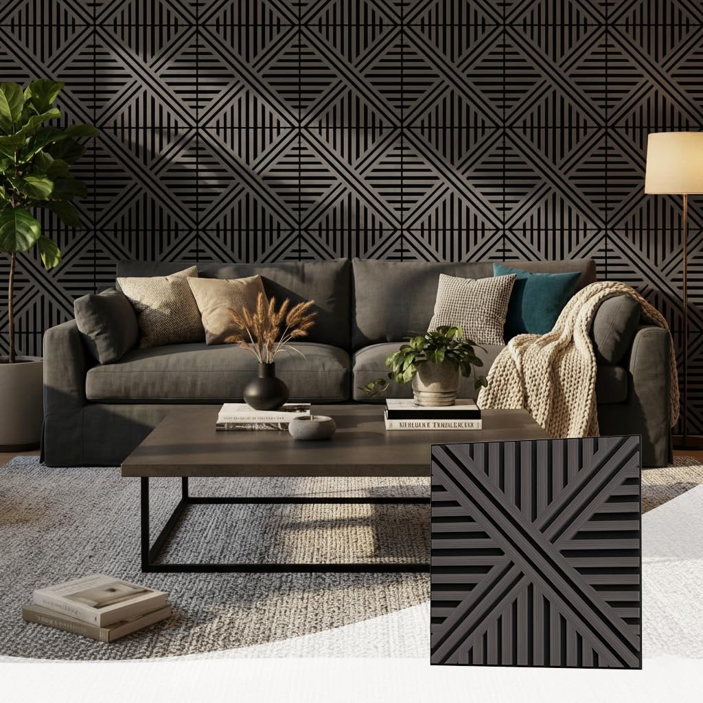 MuroPanel Acoustic Wall Panels, Decorative Acoustic Panels for Walls 23.6"x23.6", Sound Absorbing Wood Wall Panels for Interior Wall Decor, PVC Wood Grain HDF Acoustic Panels (Dark Grey, 4 Pack)