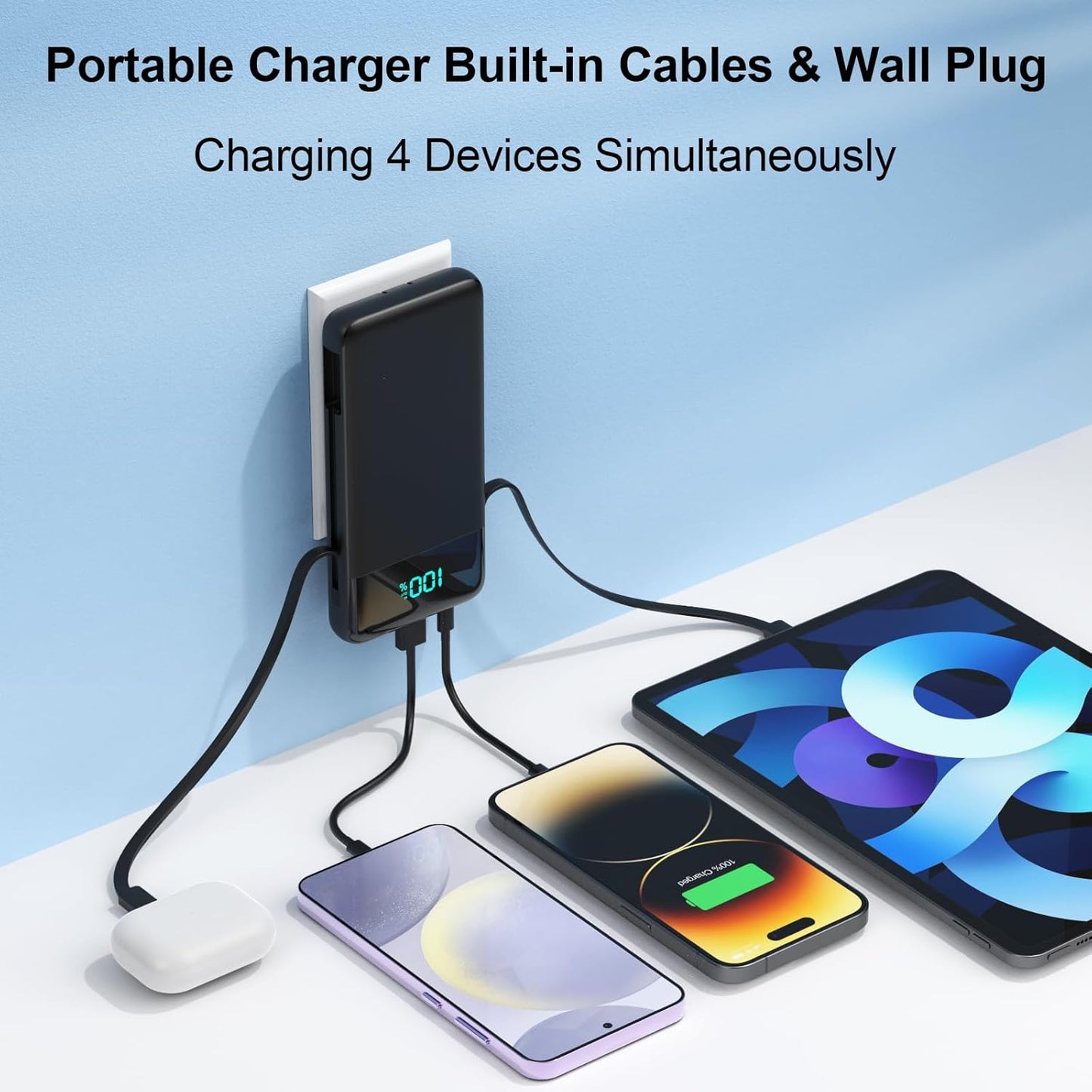 AONIMI iPhone,13800mAh 4 Pack 17/16/15/14,Android,Travel Portable Charger for Slim Power Bank with Built-in Cables & AC