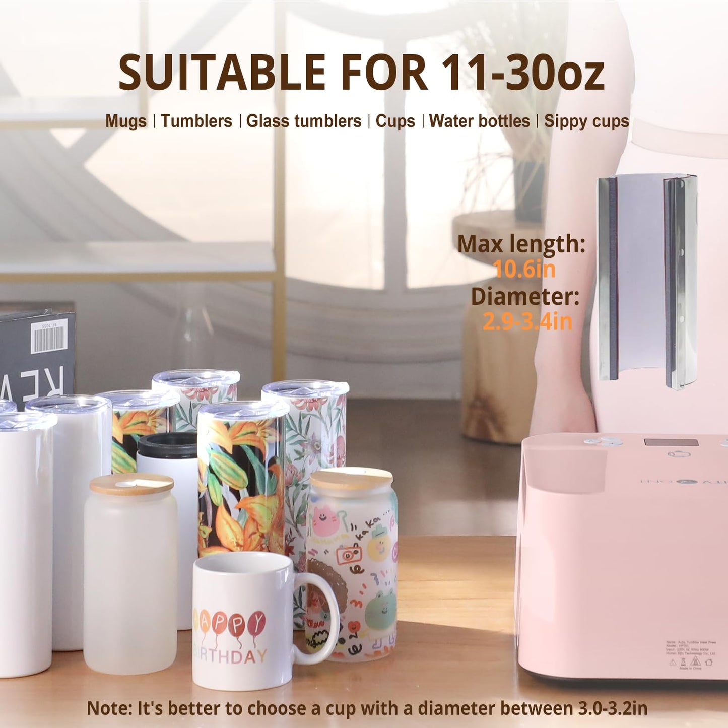 HTVRONT Auto Tumbler Heat Press Machine - Mug Heat Press Heat Up Fast & Even, Professional Tumbler Press High-Security for 2.9-3.2inch Sublimation Tumblers, Cups, Glasses and Mugs (Pink)