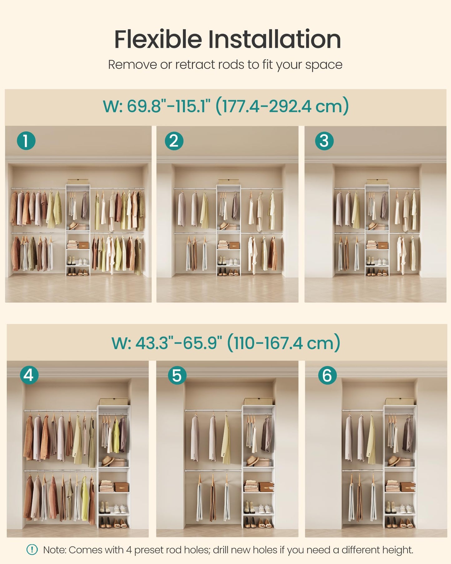 SONGMICS Closet System, Customizable Walk-In Closet Organizer System with Adjustable Hanging Rods and Storage Shelves, White, Fits Spaces 4-9.6 ft URGR040WZ01S