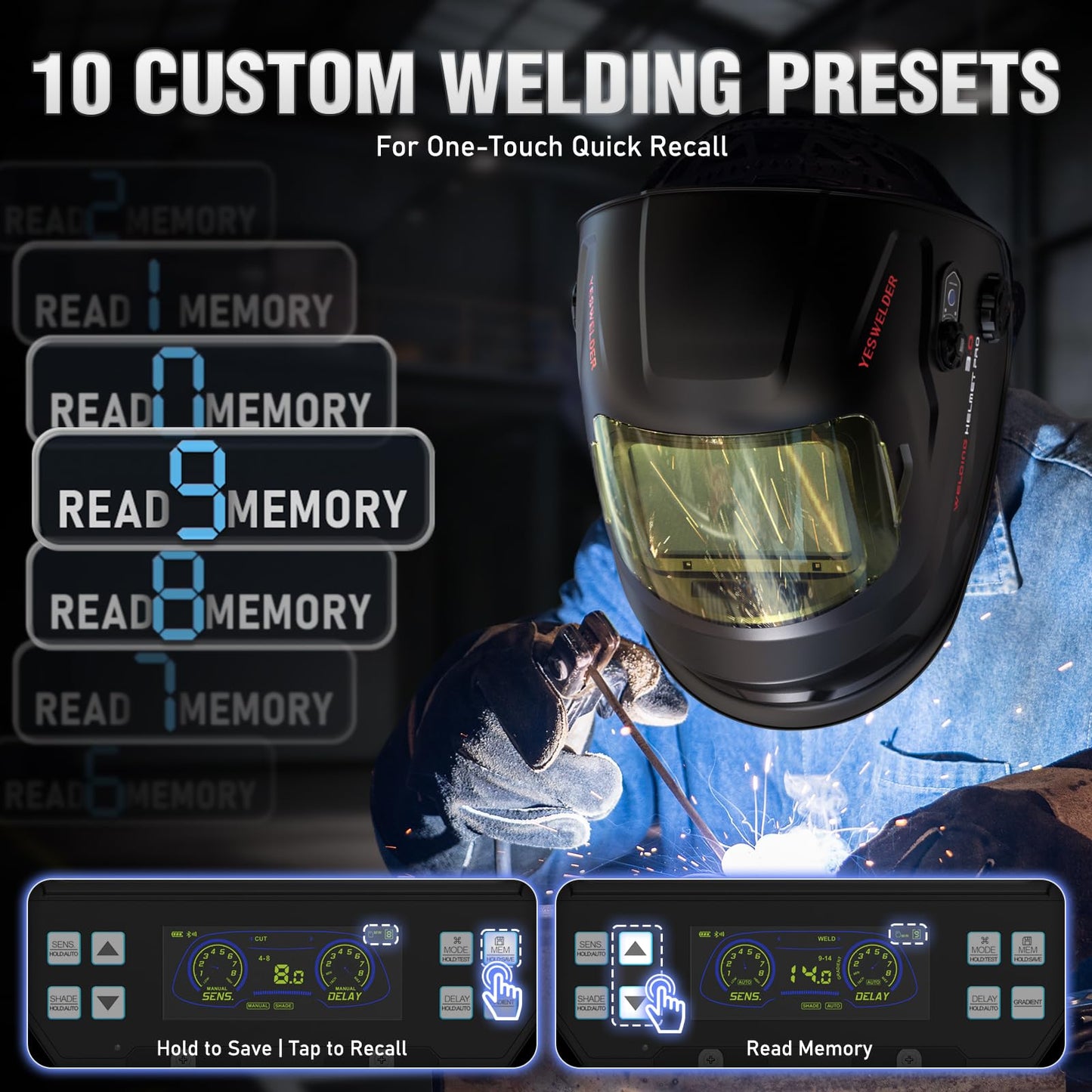 YESWELDER Intelligent Auto-Shade Auto-Darkening Welding Helmet, Large View with Internal Digital Display, True Color 1/1/1/1, Memory & Gradient Wide Shade 3/4-8/9-14 for MIG/TIG/Stick/Tack/Grind/Cut