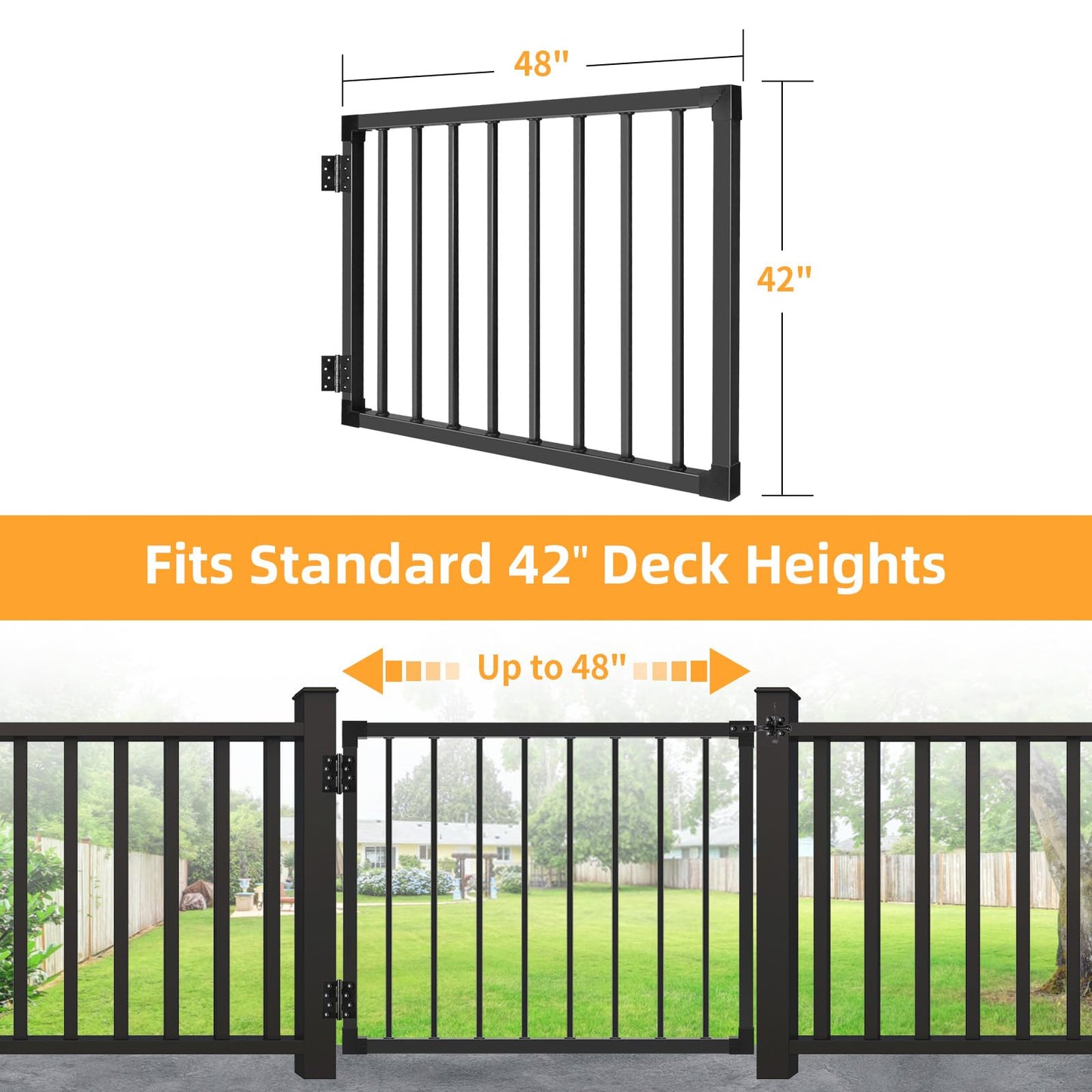 Deck Gate Outoor, 42″ Black Heavy Duty Steel Anti-Rust Fence Door with Adjustable Width (Up to 48"), Easy Installation Metal Gate for Residential, Yard, Patio, with Hinges and Latch