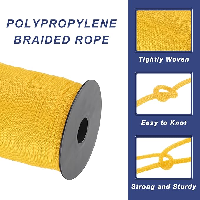 MECCANIXITY 1/8 Inch Polypropylene Rope Braided Ropes, 328ft Nylon Rope Hollow Utility Cord for Clothesline, Camping, Hiking, Outdoor, Light Yellow