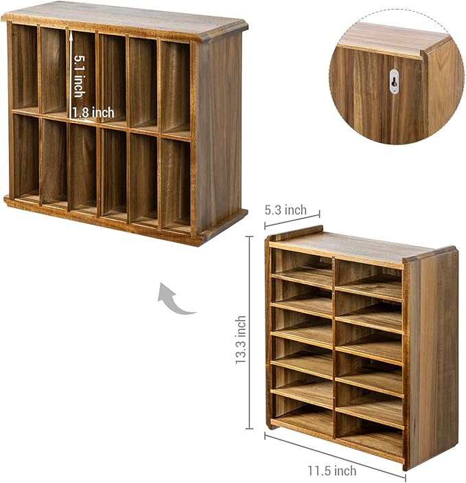 MyGift 12 Compartment Rustic Burnt Solid Wood Wall Mounted Dual Display Martial Arts Belt Holder with Top Trophy Storage Shelf in Horizontal or Vertical Mount