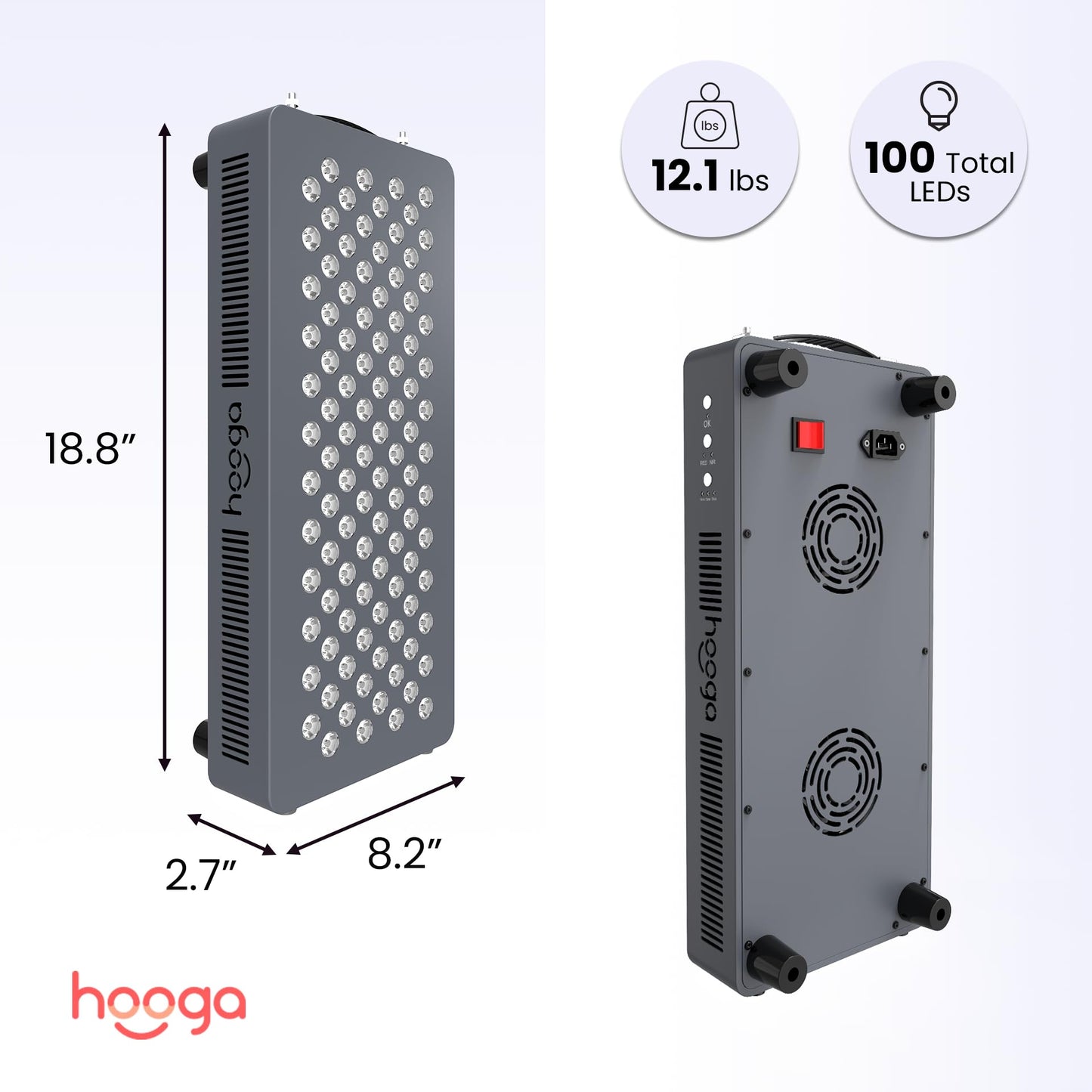 Hooga HG500 Red Light Panel with Near Infrared LED Light, 100 LEDs 660nm 850nm Dual Wavelength, Built-in Timer, Hanging Kit Included.