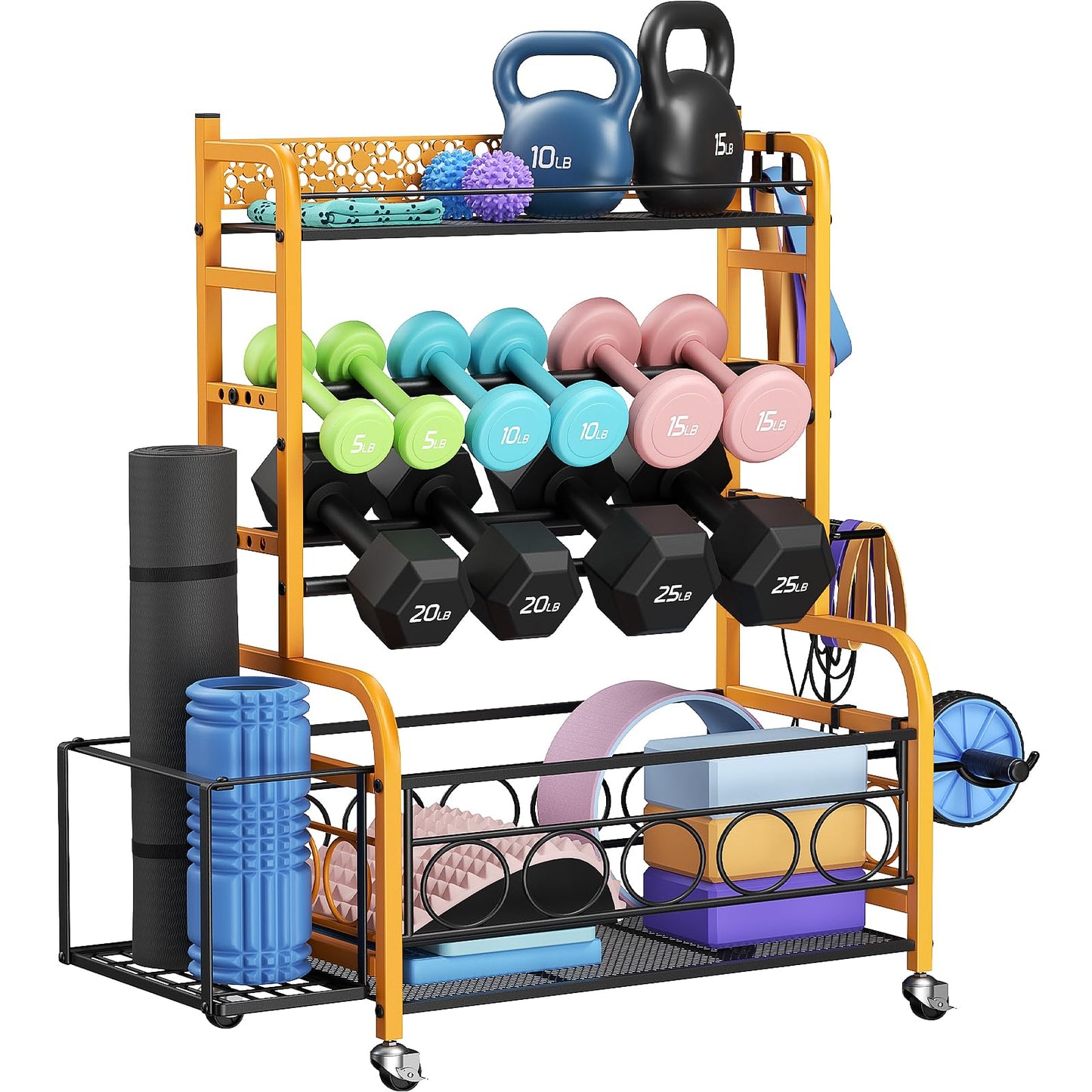 Dumbbell Rack,VOPEAK Weight Rack for Dumbbells, Weight Rack for Home Gym, Home Gym Storage Rack for Yoga Mat Kettlebells and Strength Training Equipment, Weight Storage Rack for Dumbbells with Wheels