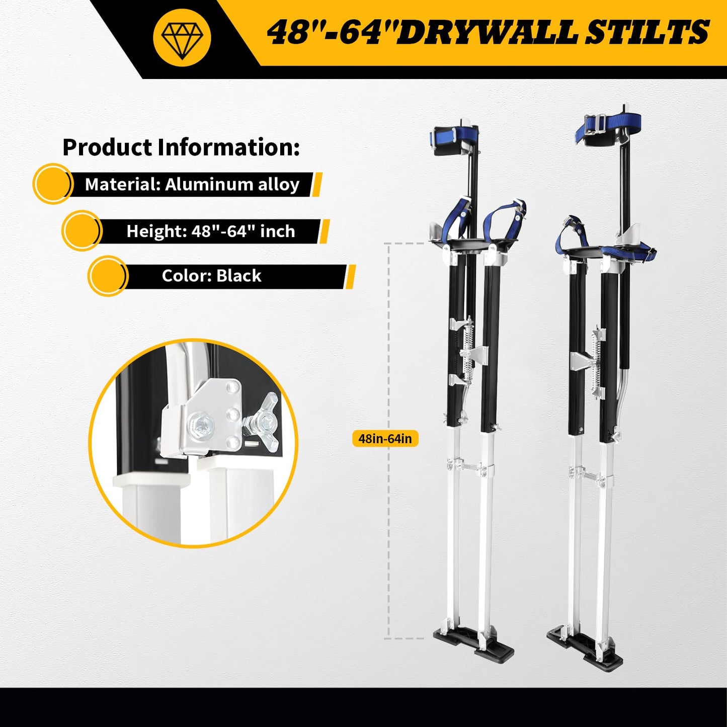 Jecoupoon 48-64 Inch Aluminum Alloy Drywall Stilts with Sliver/Black for Working at High Places (Black,48-64 Inch)