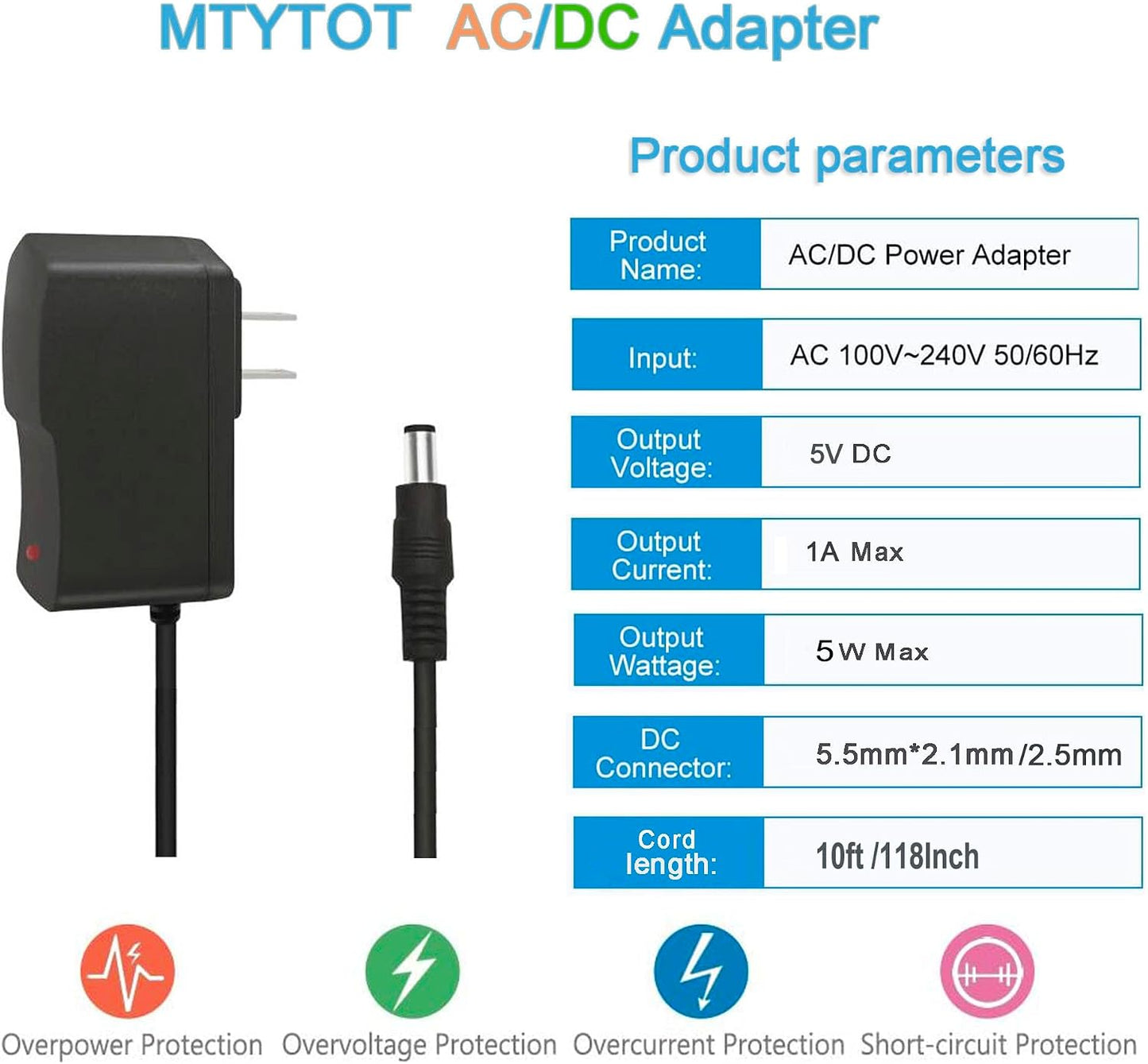 MTYTOT 5V 1A 10ft 100V-240V 5 1Amp 0.5A 8TIPS (10ft Long Power Supply Adapter AC to DC Volt Replacement Power Cord