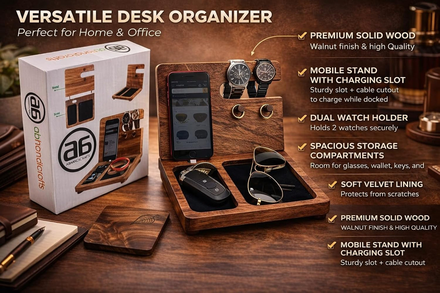 AB Handicrfafts Wooden Docking Station, Nightstand Organizer Wallet, Watch Stand Key Holder for Mom for DAD, Husband
