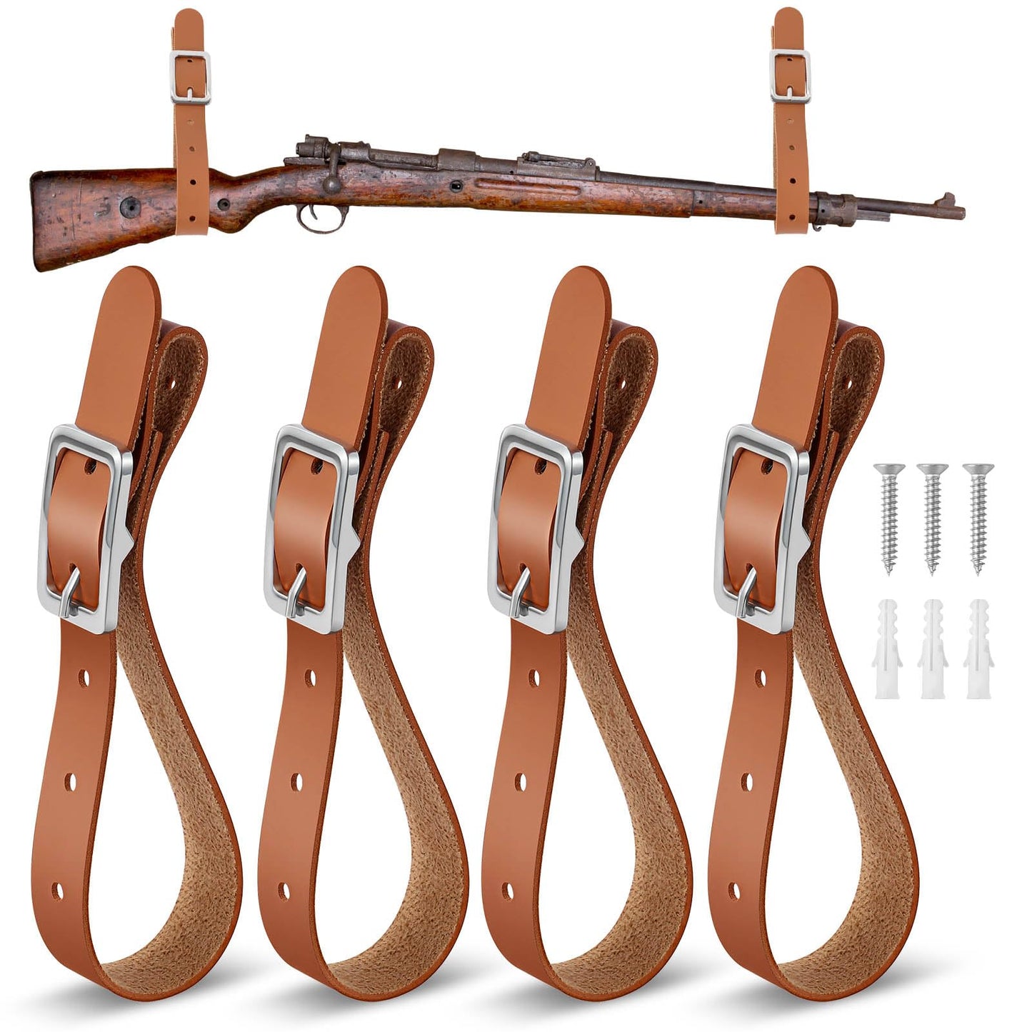 Vercraft 4 Pcs Leather Adjustable Gun Rack Straps Wall Mount Holder for Rifle, Shotgun, Axe, Hatchet, Sword and Tools, Hunting Decor with Screws and Expansion Bolts (Brown)