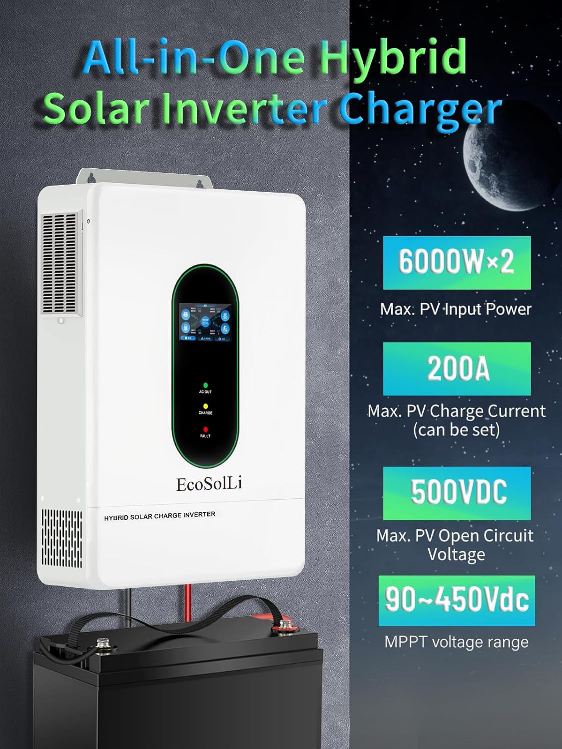 EcoSolLi 12000W Hybrid Inverter, 48V Split Phase Solar Inverter with WiFi, 120V/240V AC Input/Output (settable), Built-in 2 MPPT Solar Controllers, Max. 6 Parallel for Home, RVs, Lead Acid/Li,UL1741