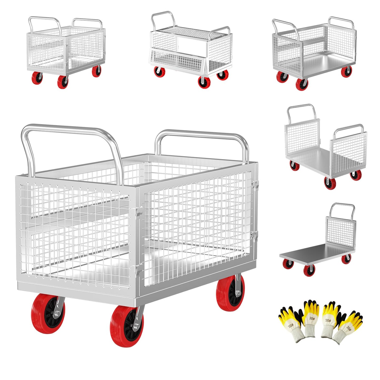 5IN1 Heavy Duty Platform Truck with Cage 40x24 Hand Truck,1800lbs Capacity Basket Cart w/Wheels, Multi-Functional Push Dolly w/6” Swivel Casters, Versatile Flatbed Cart
