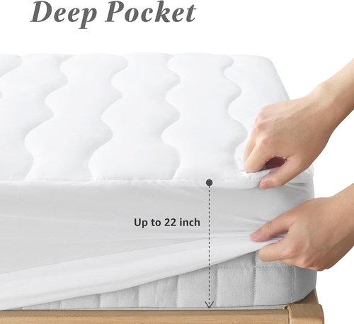 Cooling Breathable Queen Mattress Protector - Soft Quilted Cotton, Noiseless Fitted Cover, Fits Up to 22” (60x80, White)