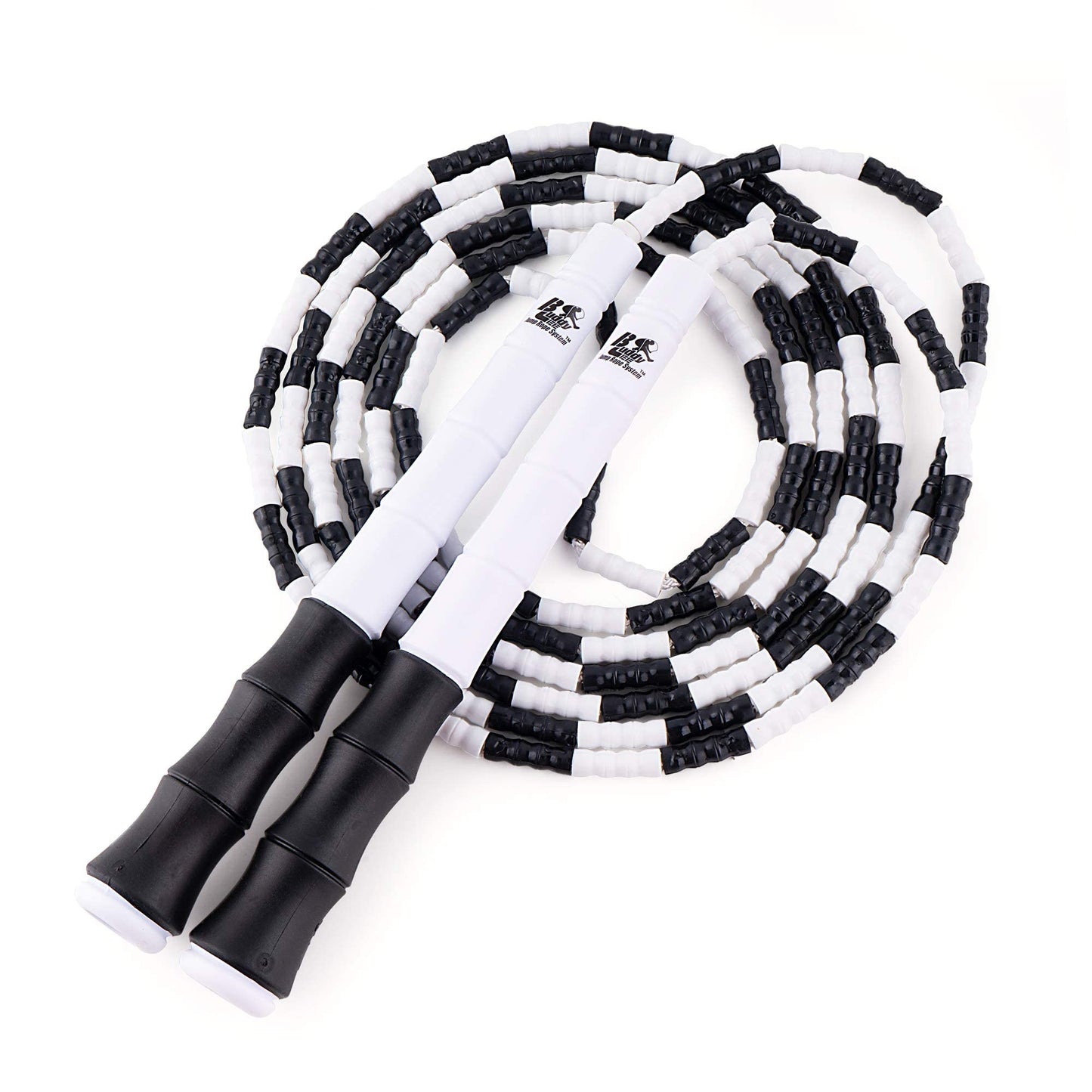 Buddy Lee Beaded Speed Jump Rope – Black/White, Bamboo Shaped Handles | Soft TPU Beads, High Density Nylon Rope | Perfect For Schools, Gym & Outdoor Jumping | Great for Rope Releases | Adults